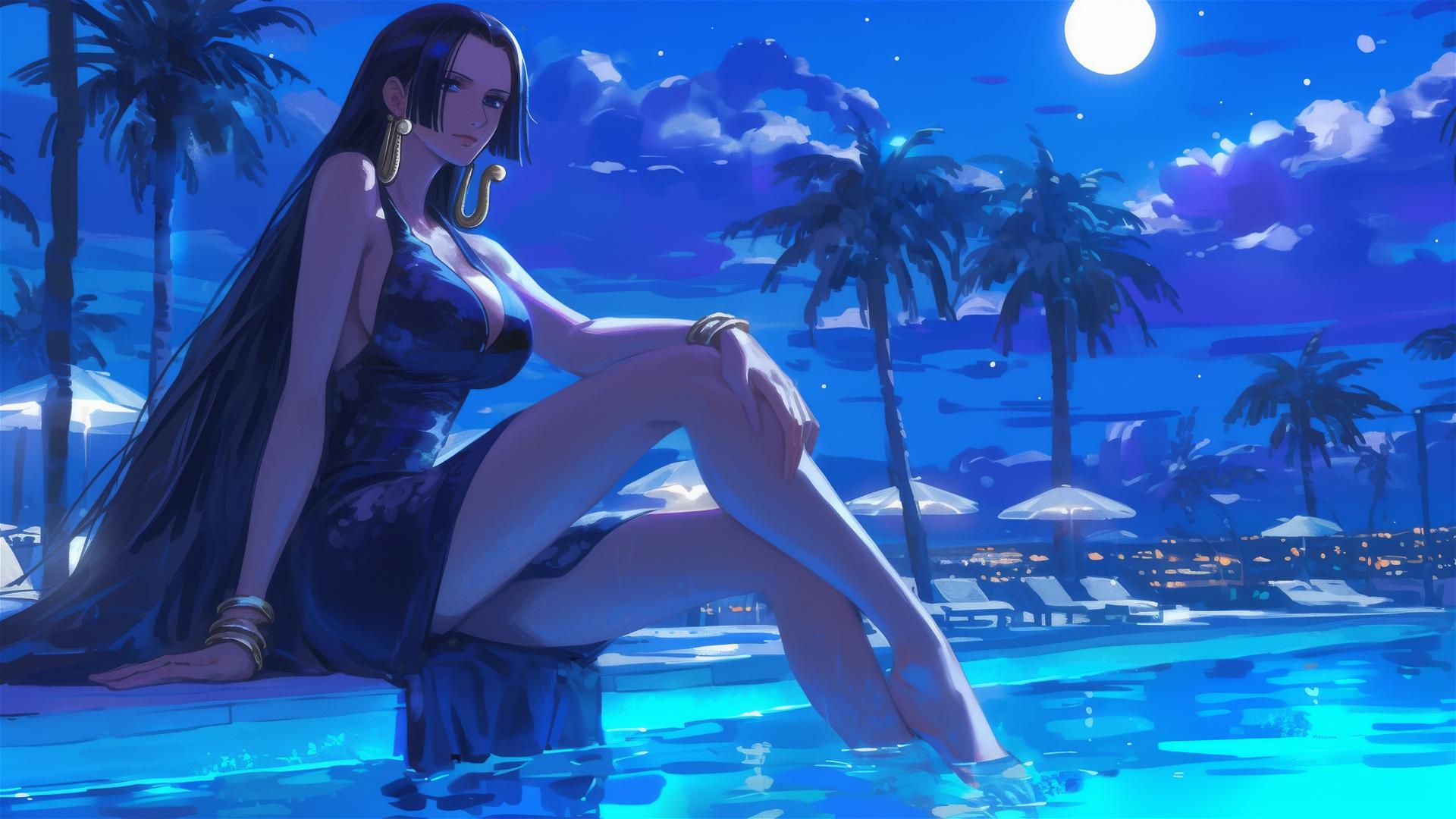 Boa Hancock from One Piece resting by pool under moonlight