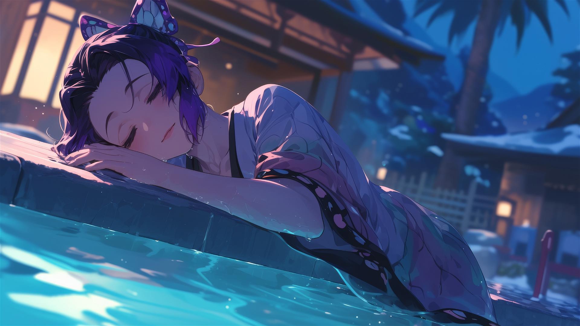 Shinobu Kocho from Demon Slayer resting by a hot spring under moonlight