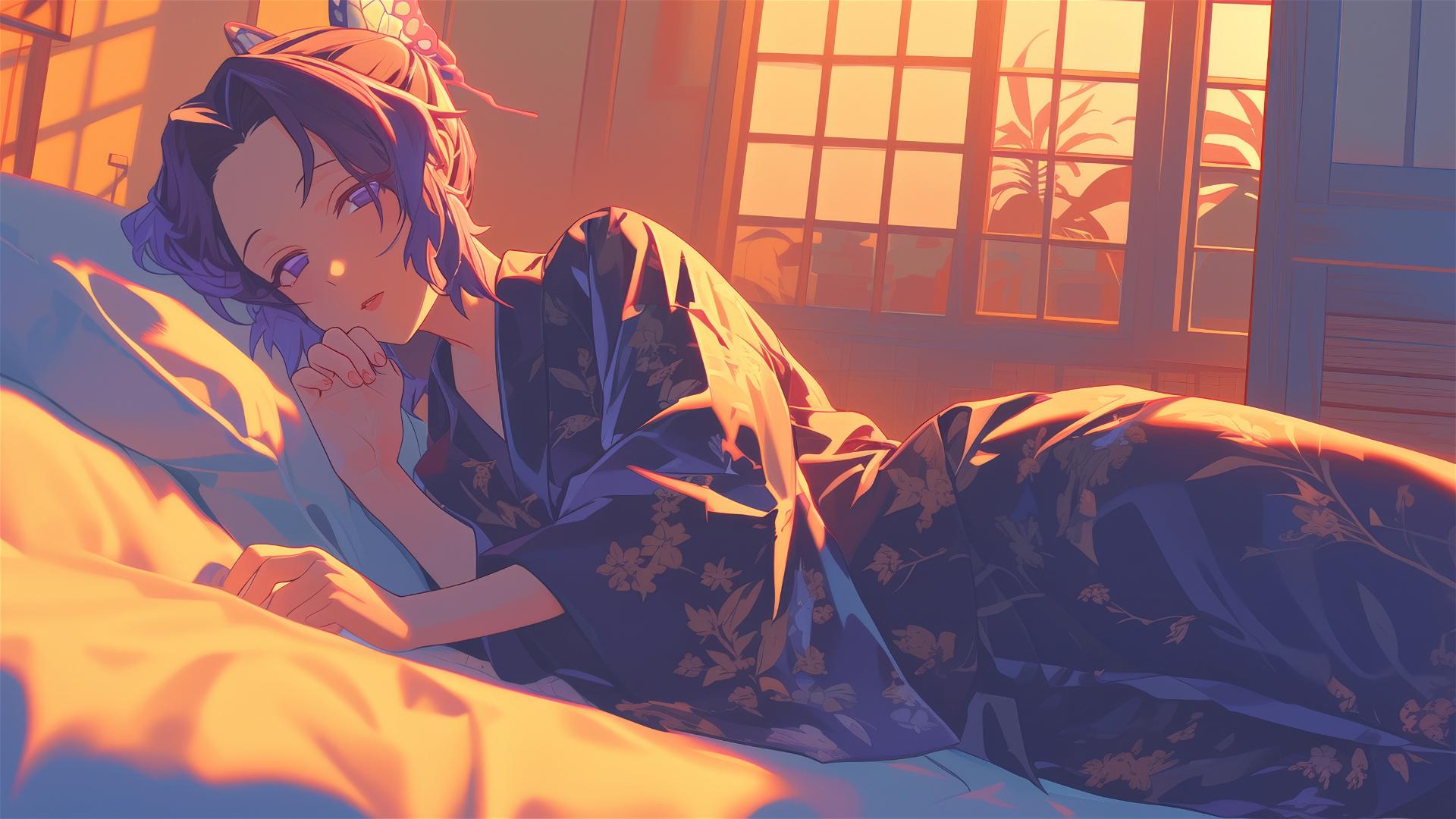 Shinobu Kocho in silk pajamas resting at sunrise