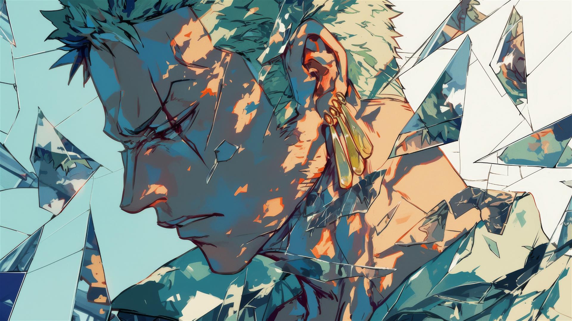 Roronoa Zoro reflected in broken stained glass shards showing various facial parts
