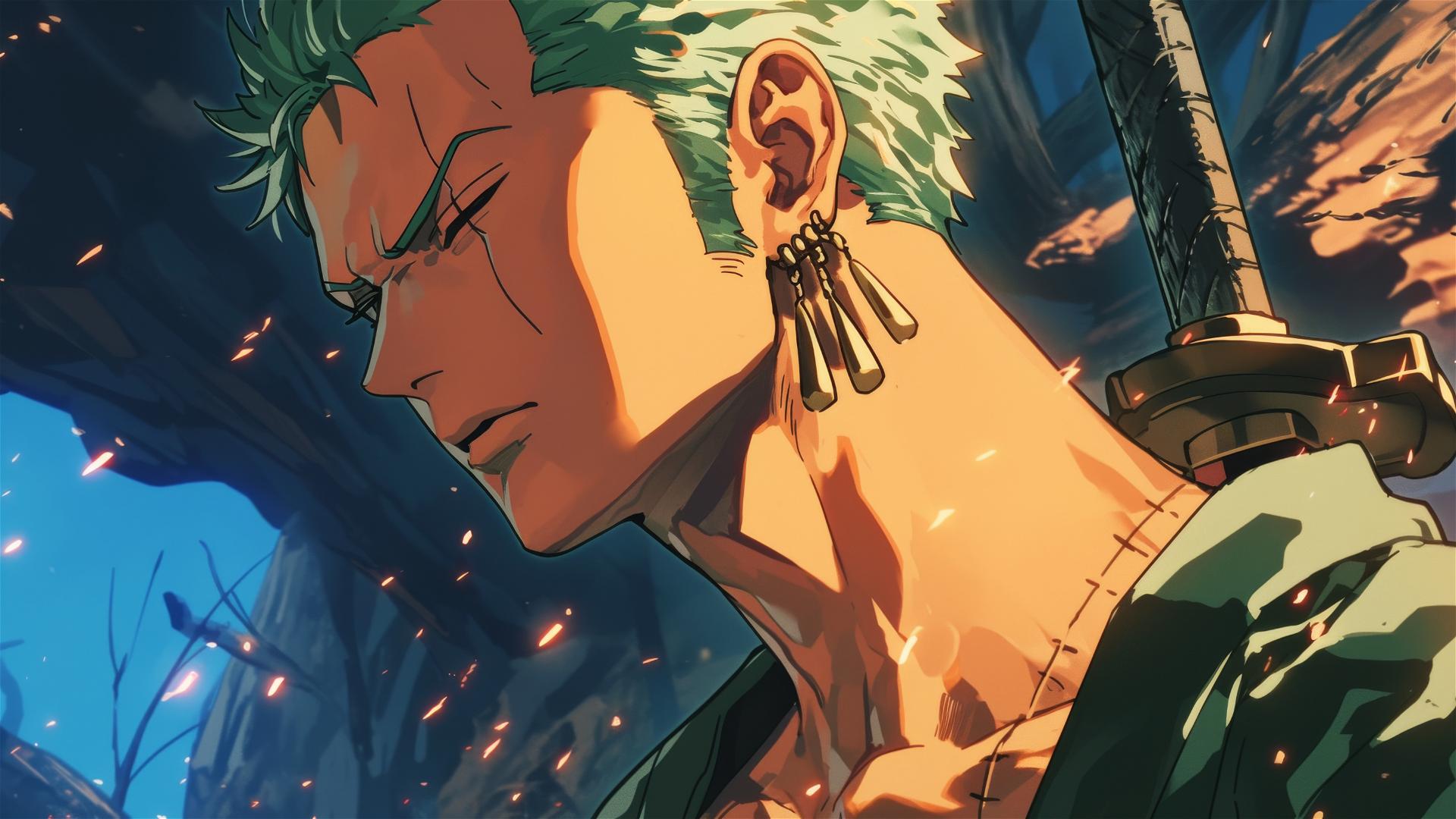 Roronoa Zoro from One Piece outlined by flare light in dark cave