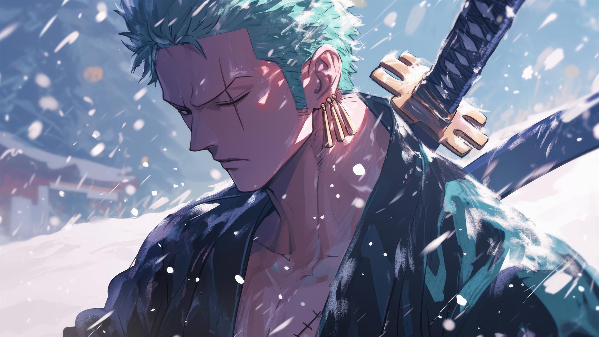 Roronoa Zoro standing in a blizzard with snowflakes swirling around