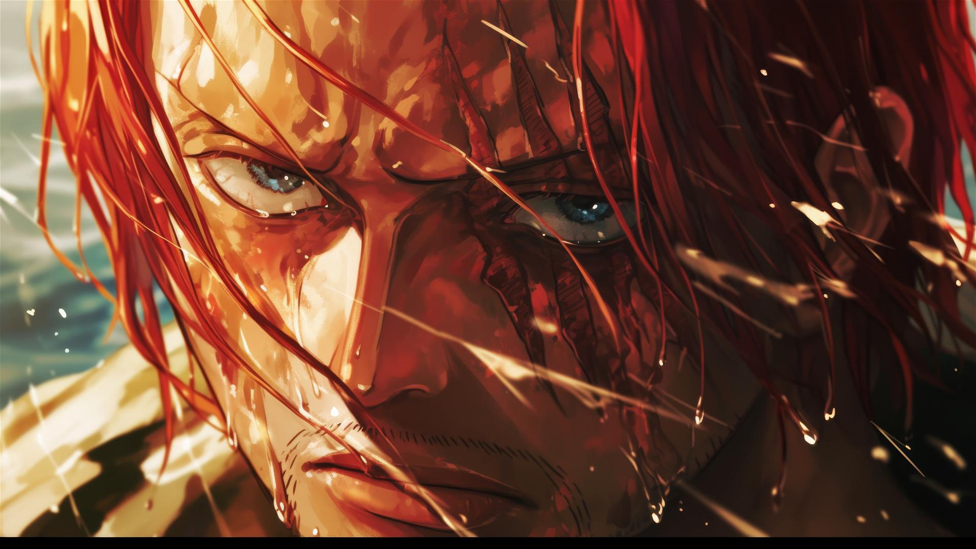 Close-up of Shanks from One Piece with an intense and resolute gaze.