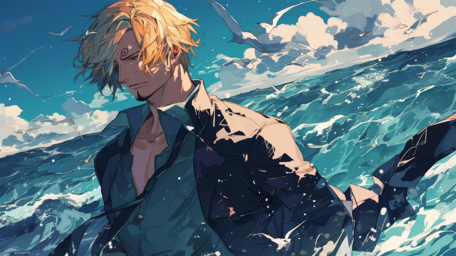 Sanji from One Piece looking over shoulder with stormy sea backdrop