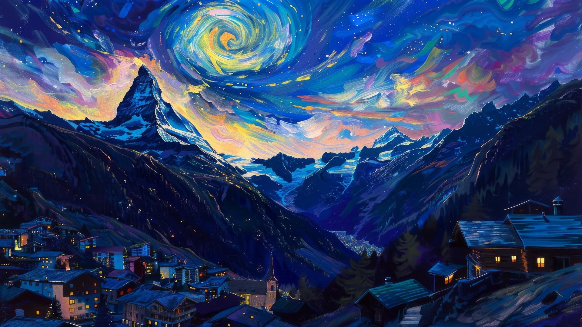 Zermatt & Matterhorn under van Gogh's Starry Night sky at dusk
