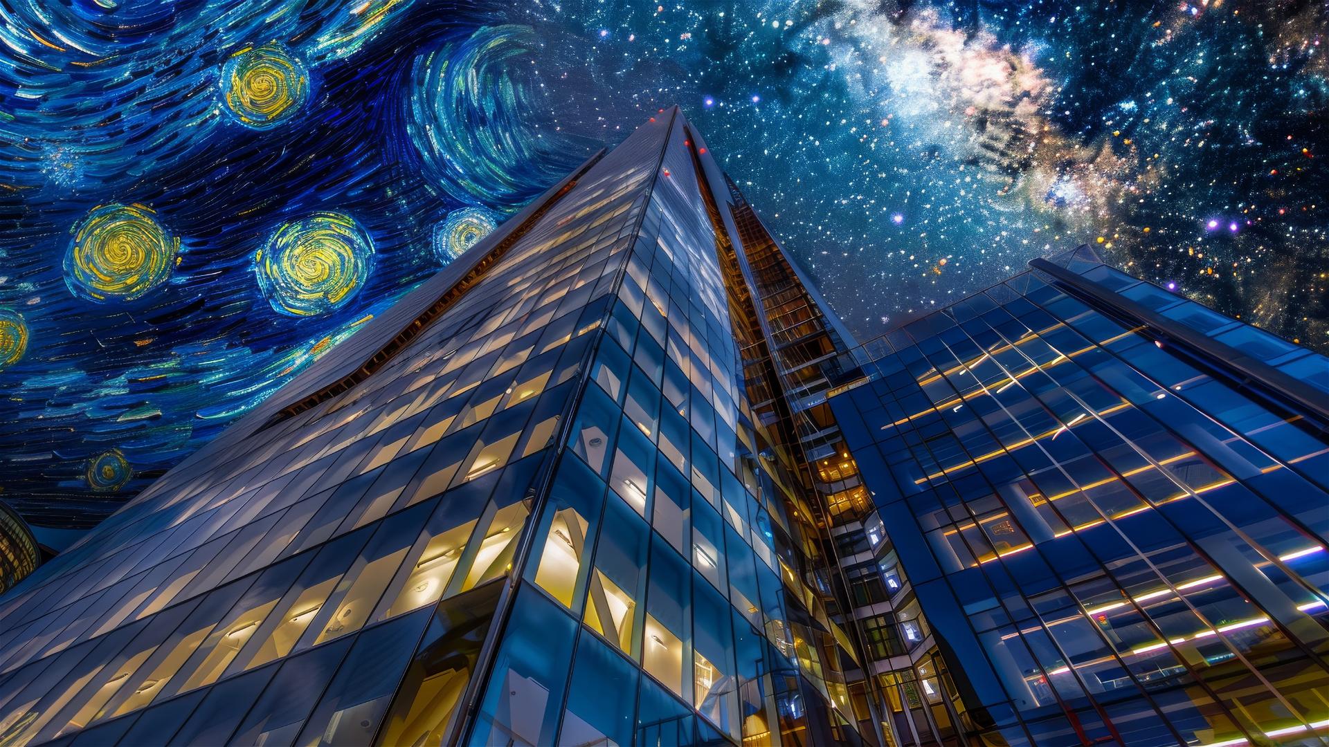 The Shard in London at night with a van Gogh Starry Night sky