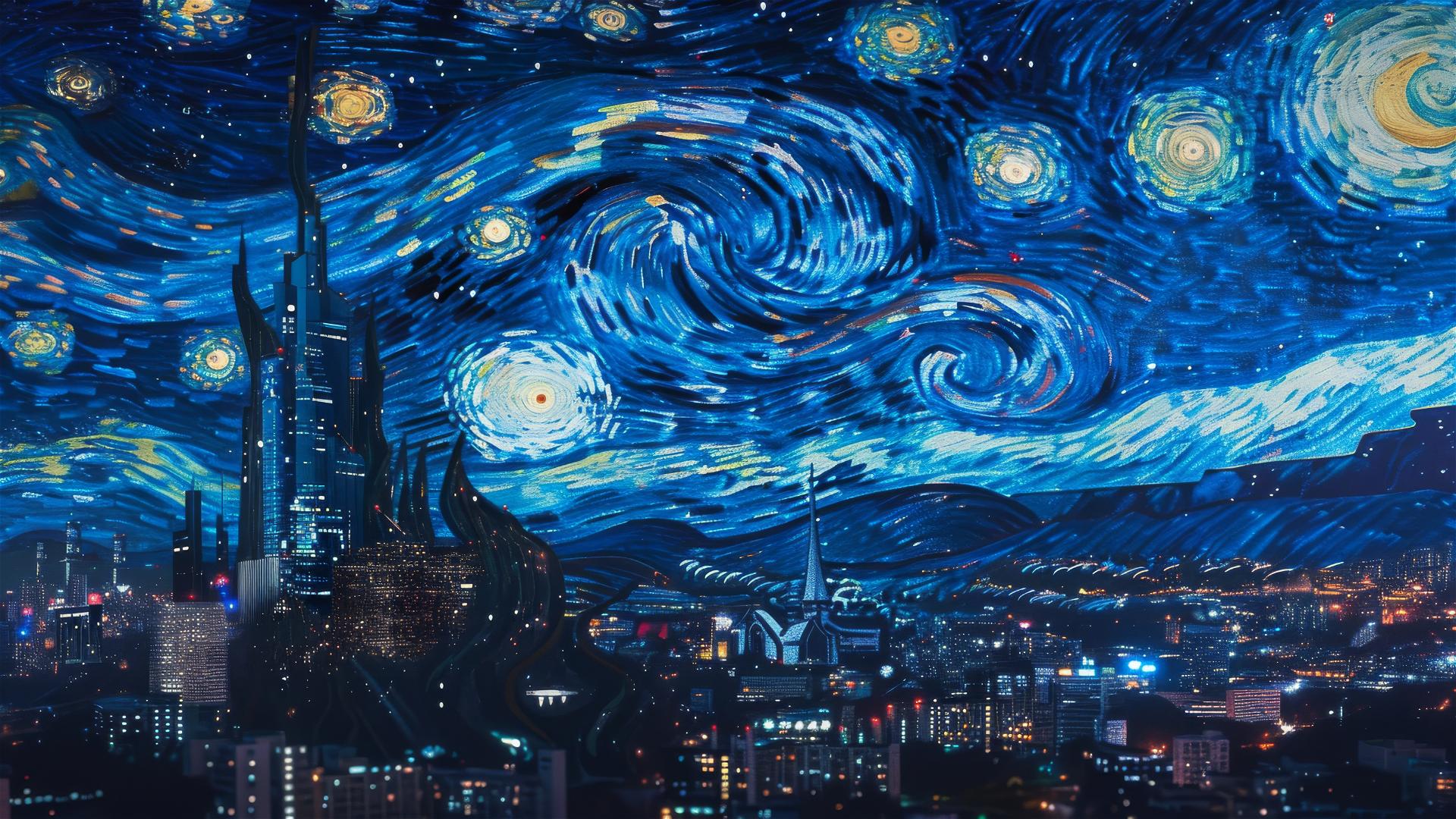 Seoul's night skyline merged with van Gogh's Starry Night texture