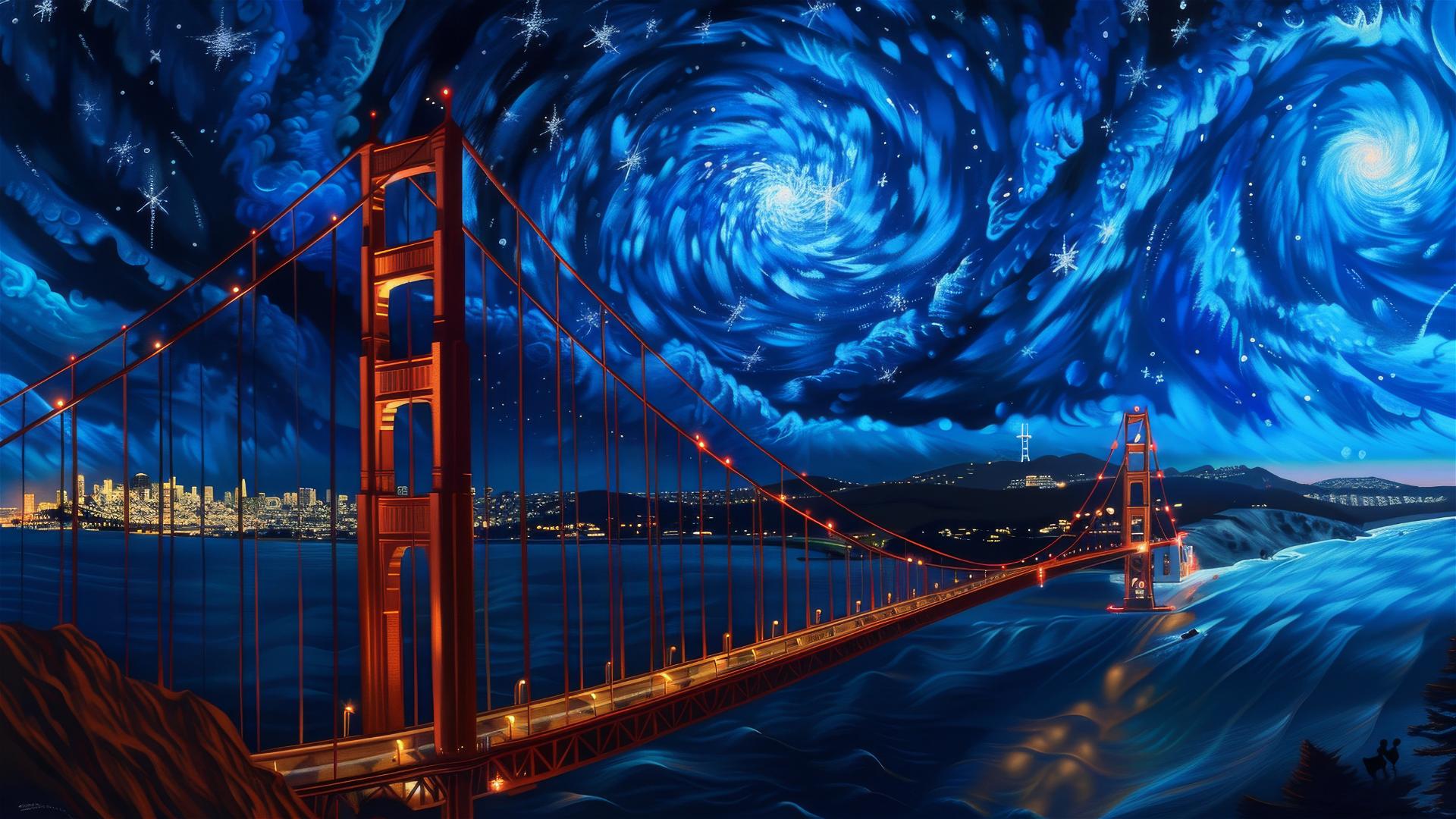 Golden Gate Bridge at sunset with starry sky in van Gogh style