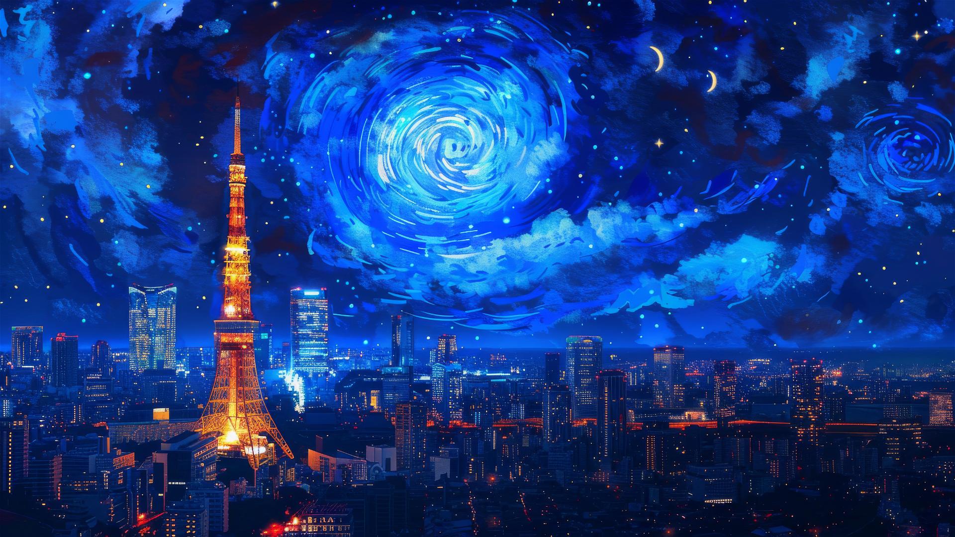 Realistic Tokyo Tower at night with starry sky and city lights