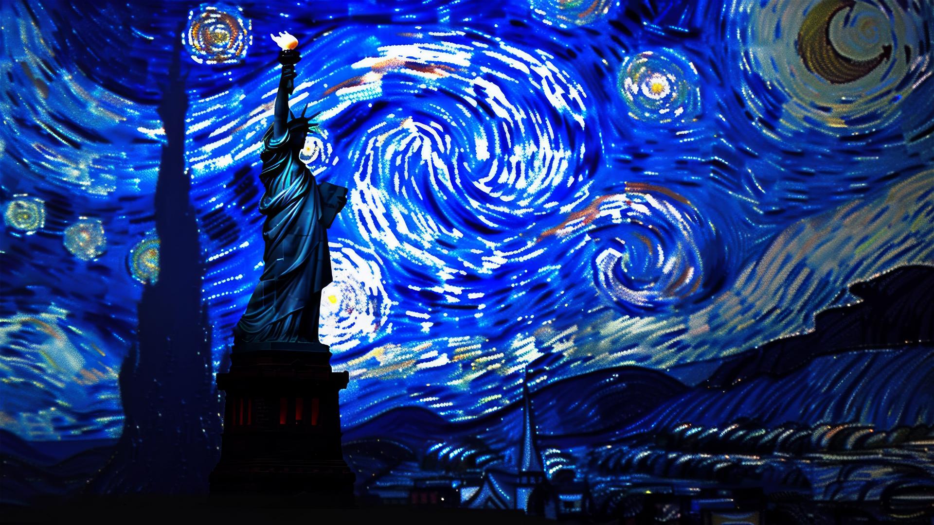 Statue of Liberty with a starry, swirling blue night sky in van Gogh's style