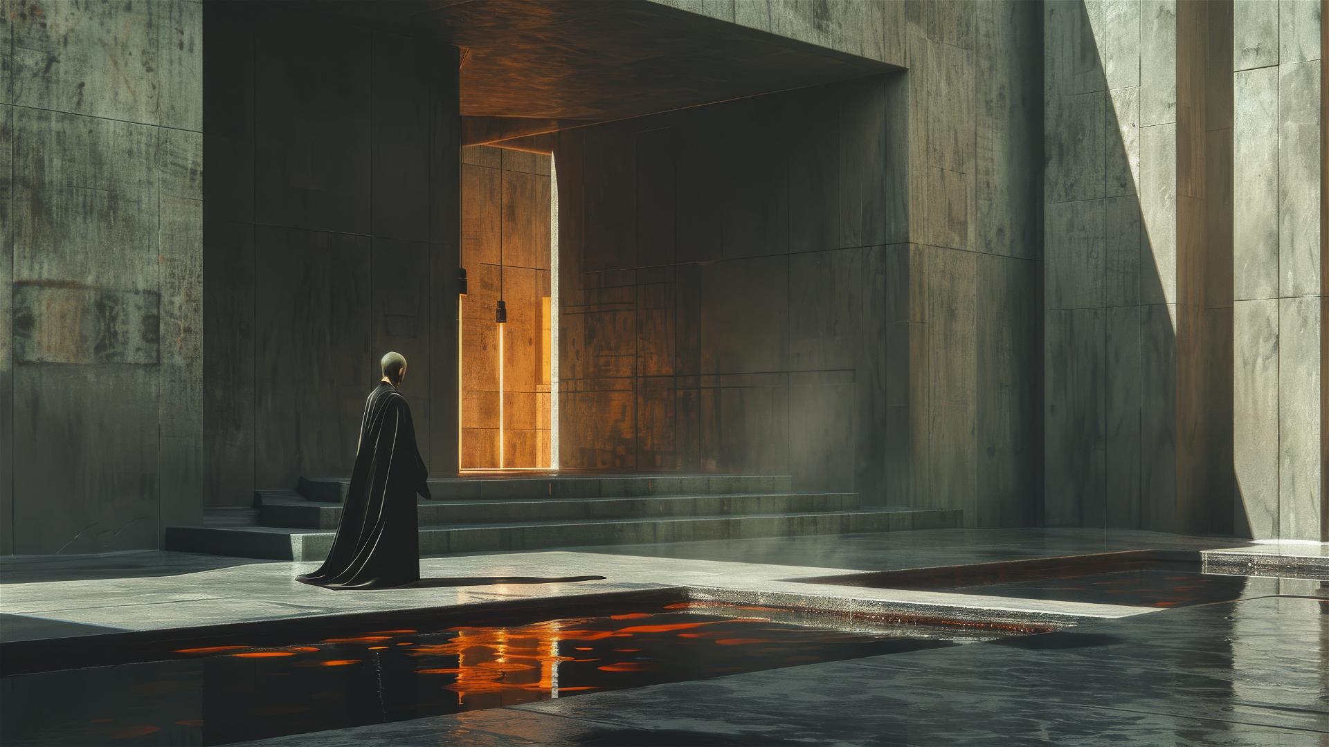 Monk in black leather robe in a room with geometric lines and water spots