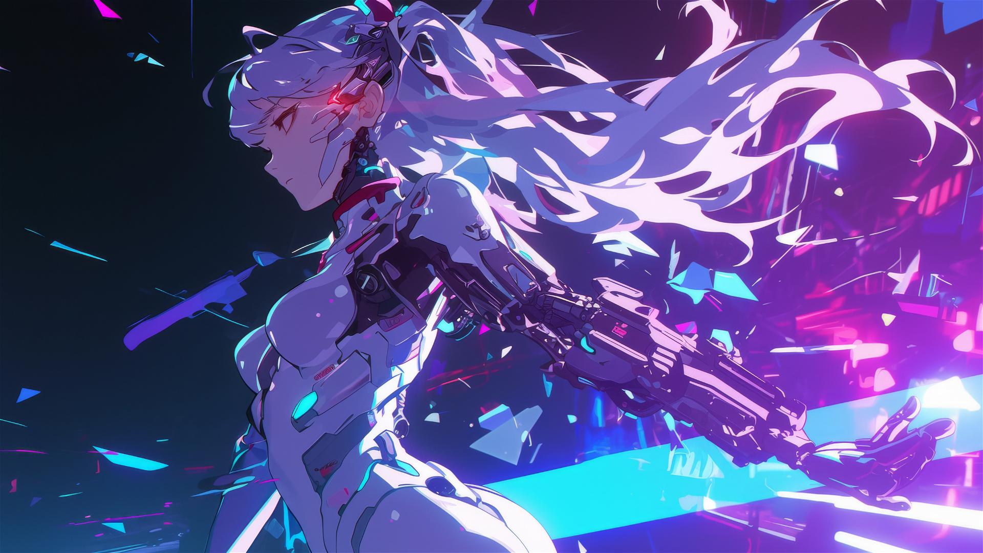 Cybernetic Agent Girl on dark background with spotlight effect