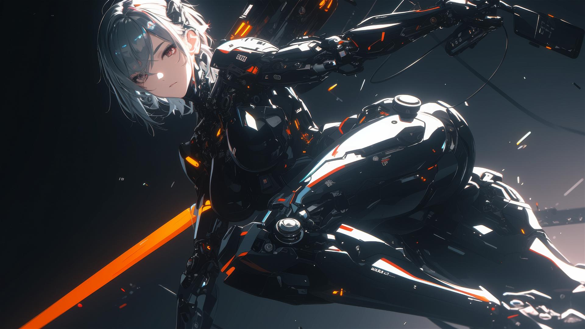 Cybernetic Agent Girl in dynamic pose with thigh focus on dark background