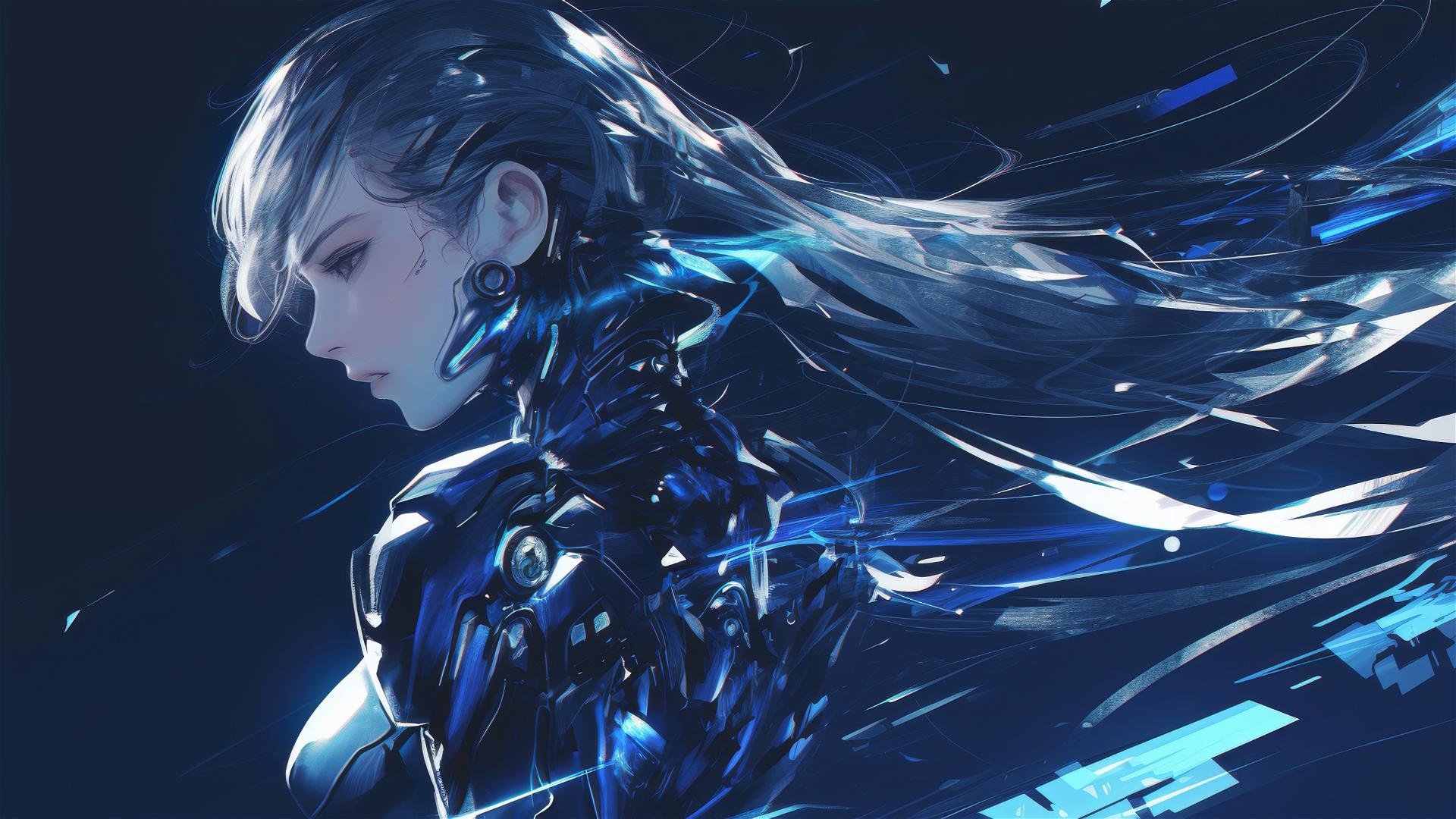 Cybernetic Agent Girl in dynamic pose with thigh focus on a dark background with spotlight effect