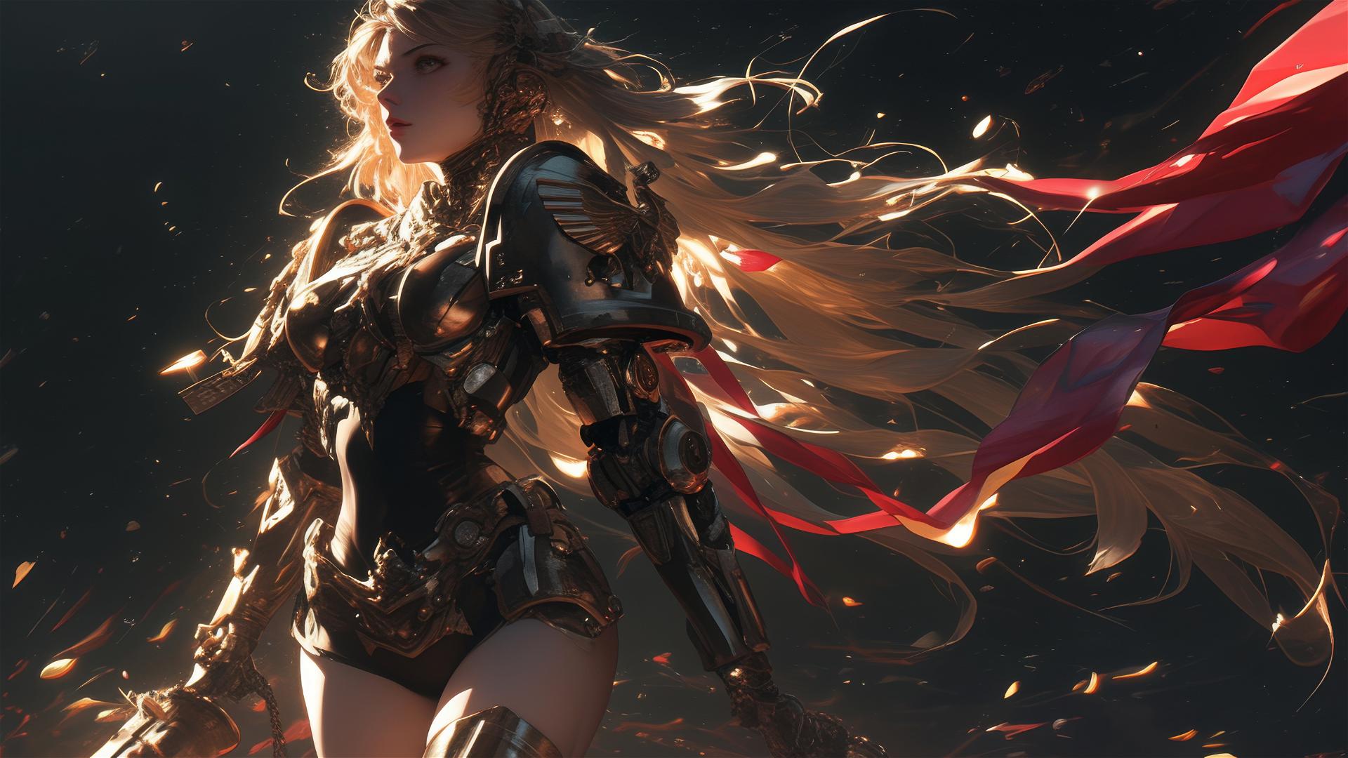 Space Marine Girl in dynamic pose with thigh focus on a dark background