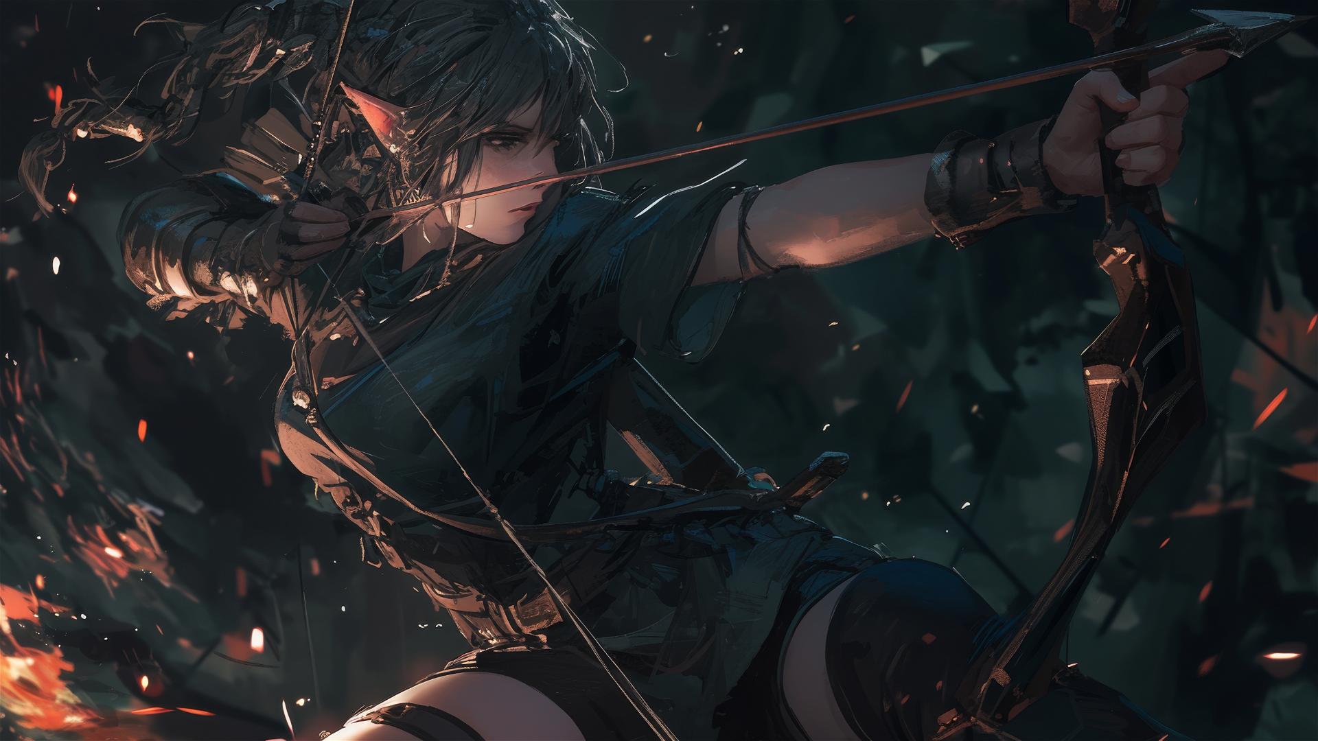 Fantasy Elf Archer in dynamic pose with spotlight effect on dark background