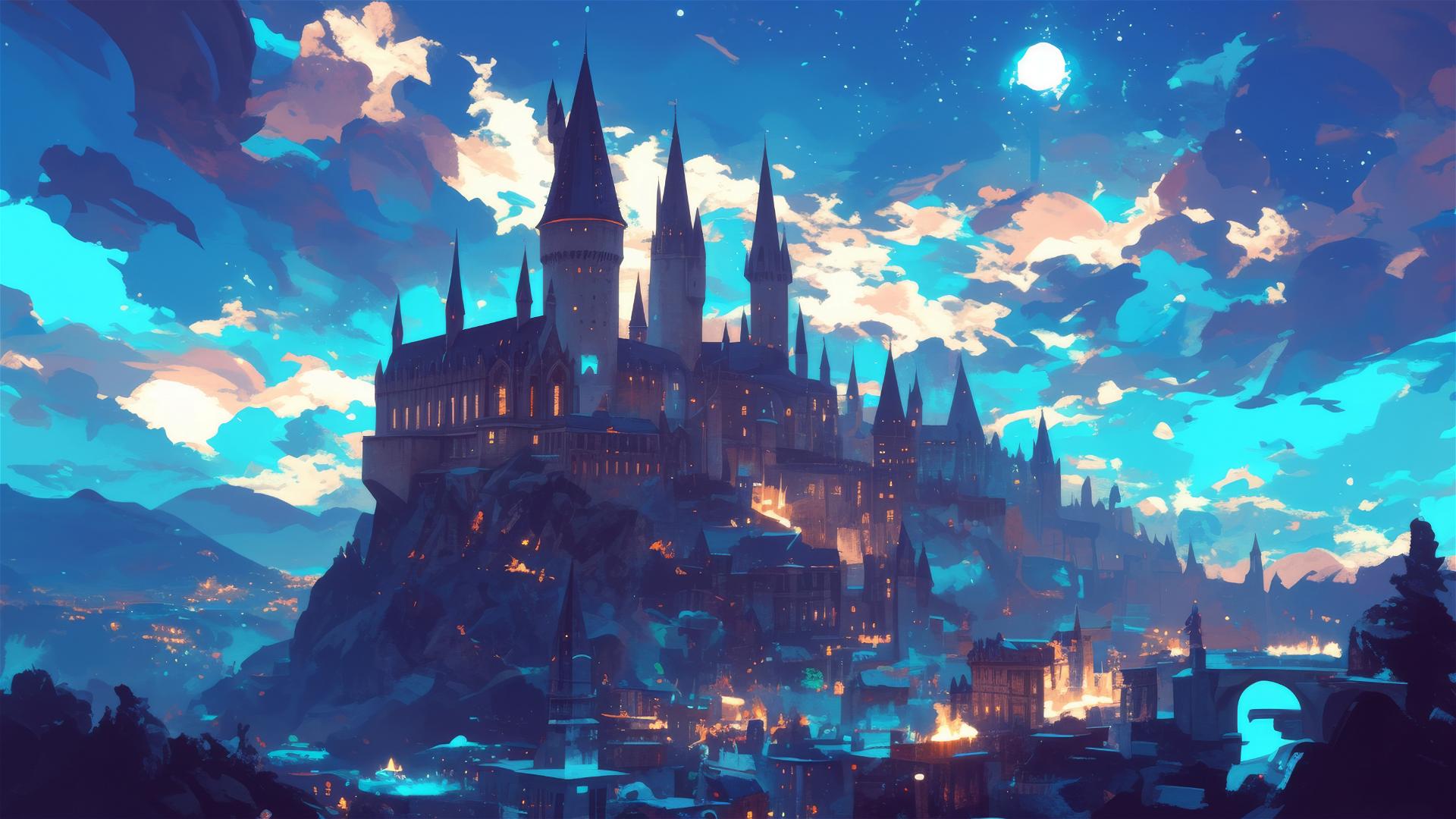 Ghibli-inspired Hogwarts Castle under a starry night sky