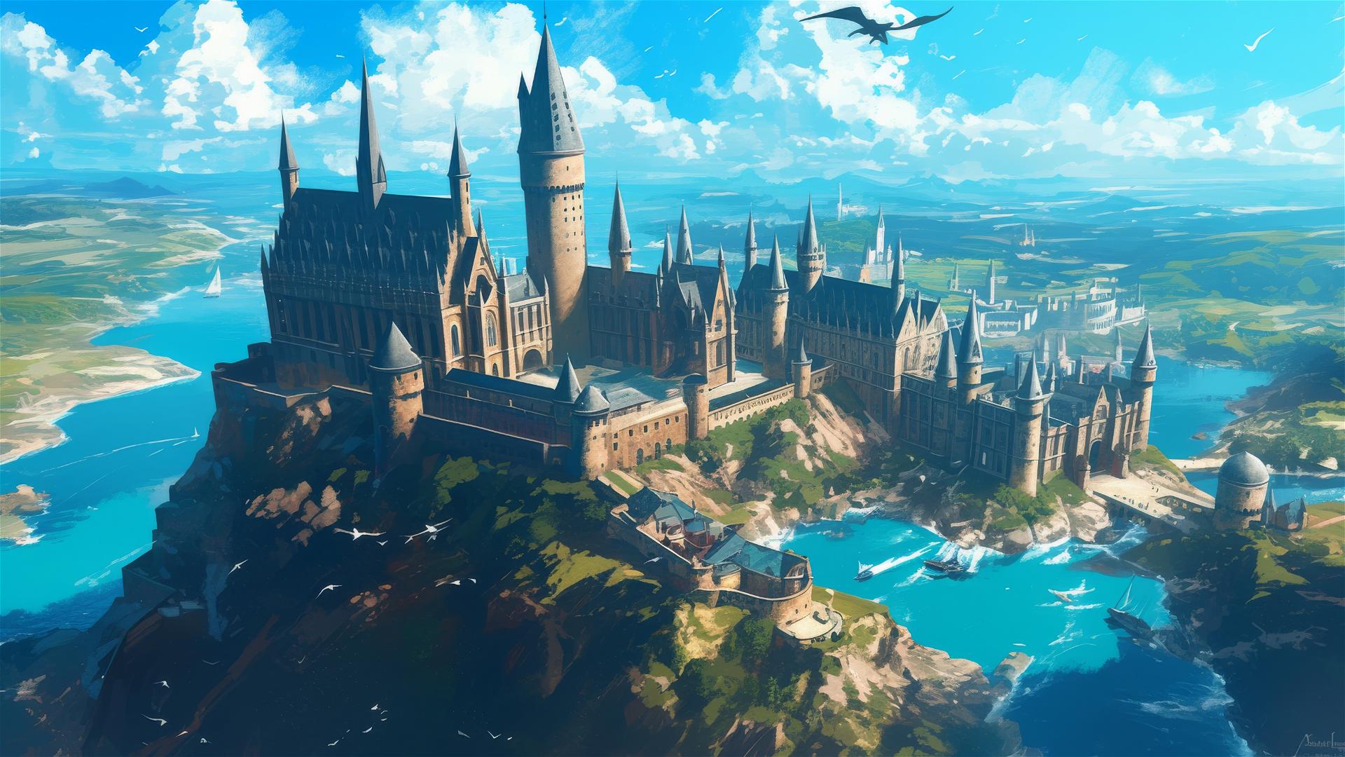 Artistic illustration of Hogwarts from an aerial view