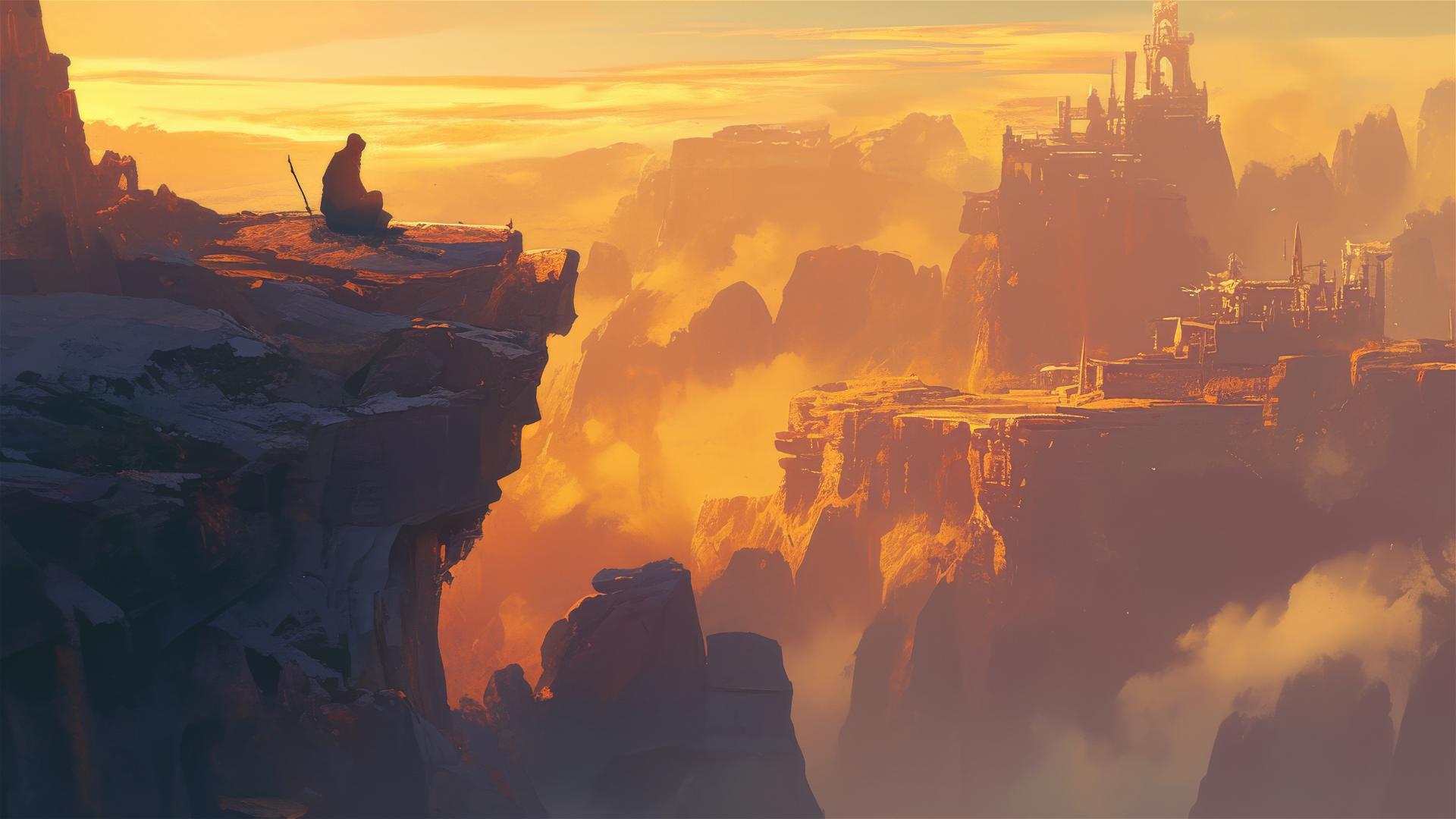 Sunrise and mist in vast canyon with soft golden light