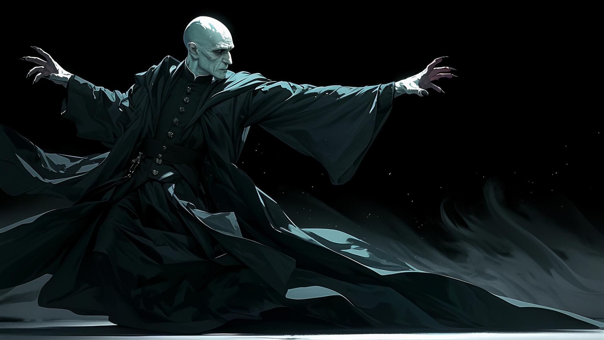 Illustration of a Voldemort-like wizard under spotlight on dark background