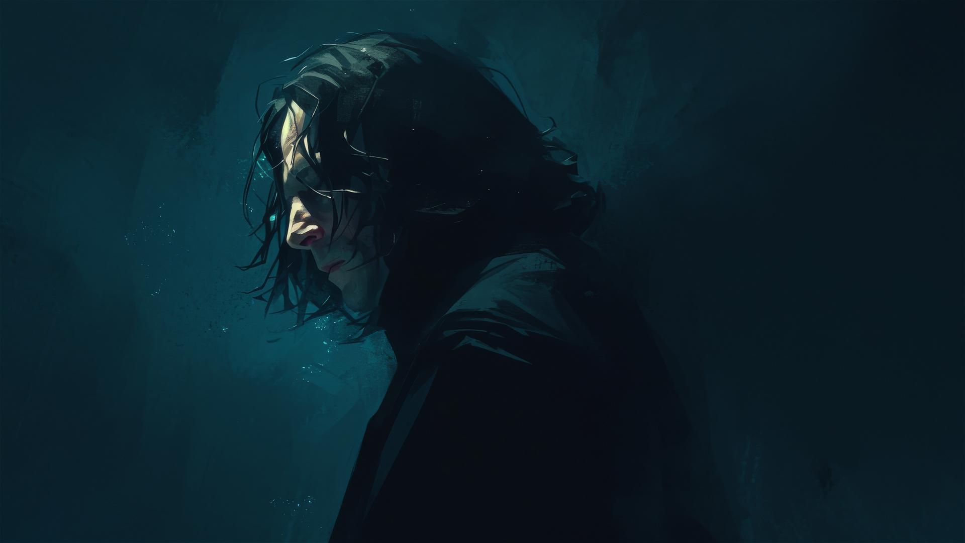 Artistic illustration of Severus Snape with a spotlight on dark background
