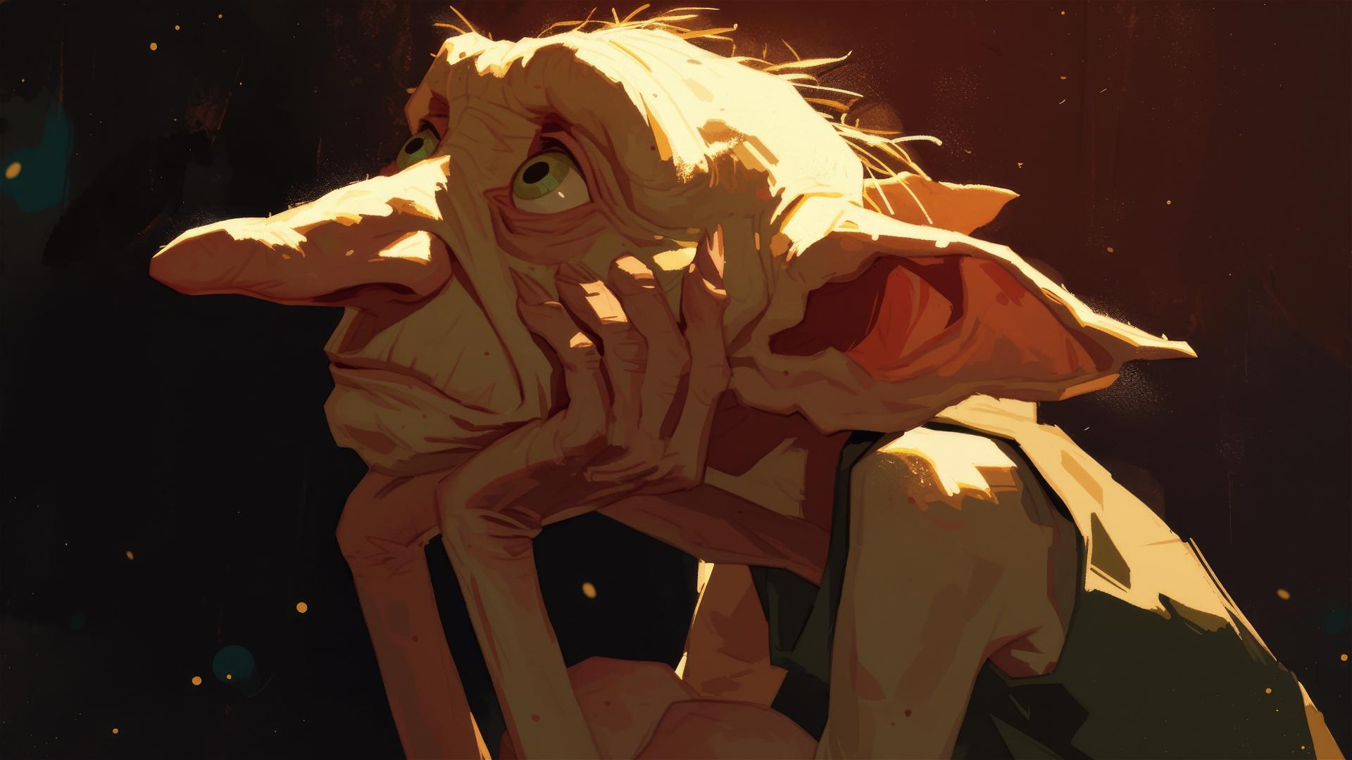 Dobby from Harry Potter illustration with spotlight on dark background