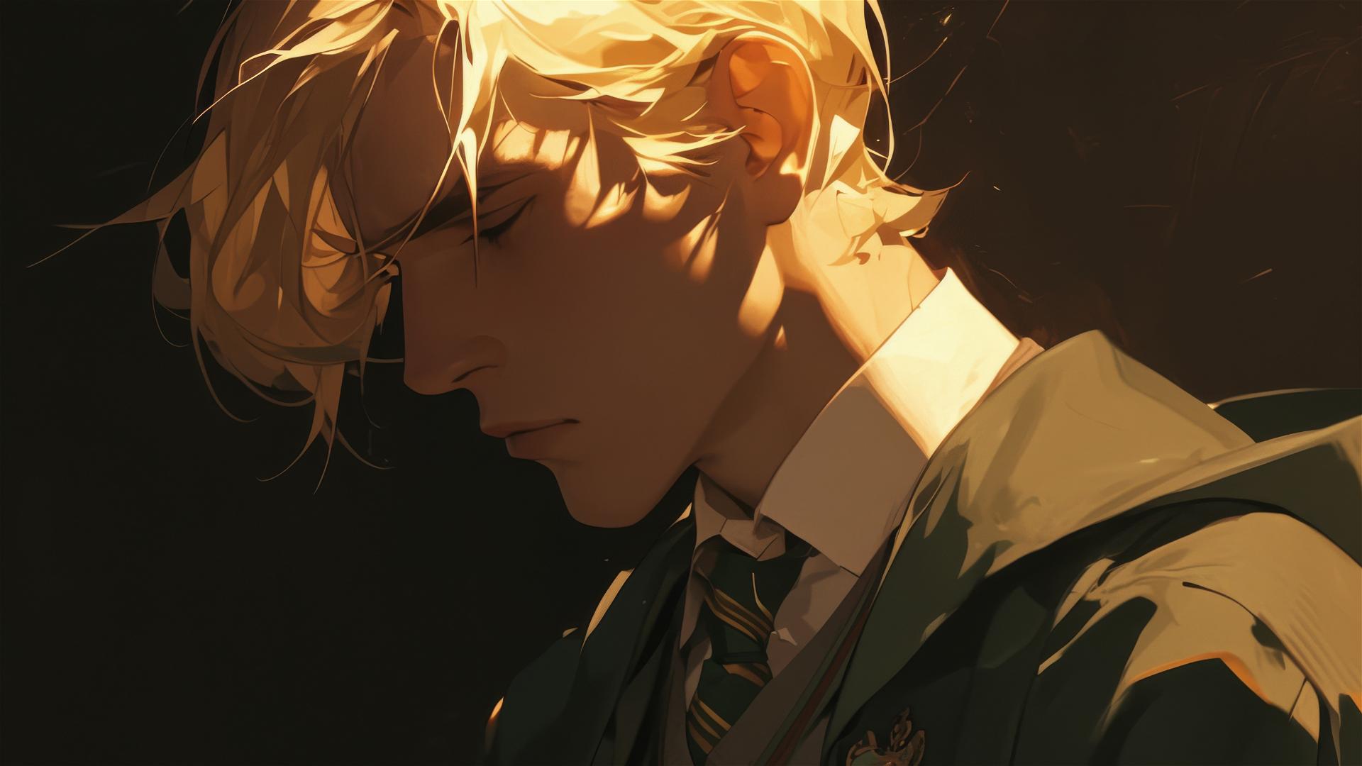 Draco Malfoy illustration with dark background and spotlight effect