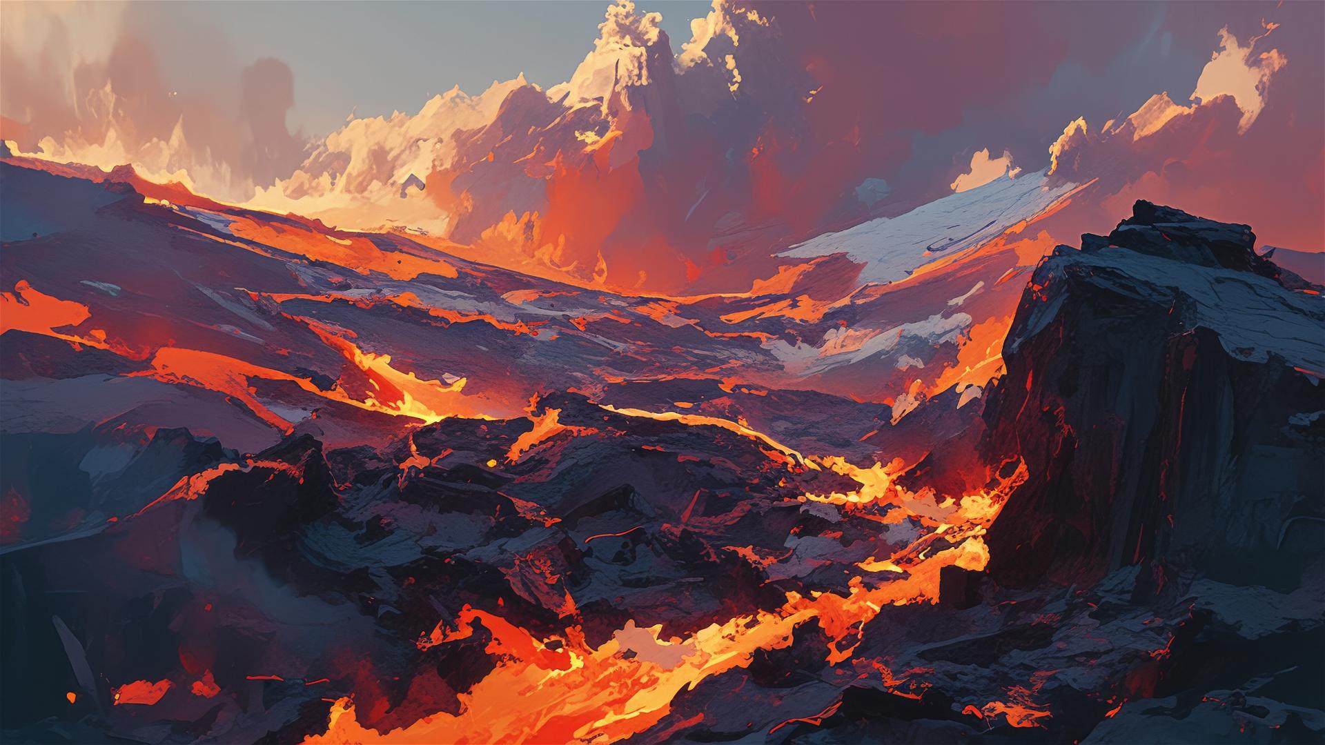 Glowing lava flow on dark volcanic rocks at night