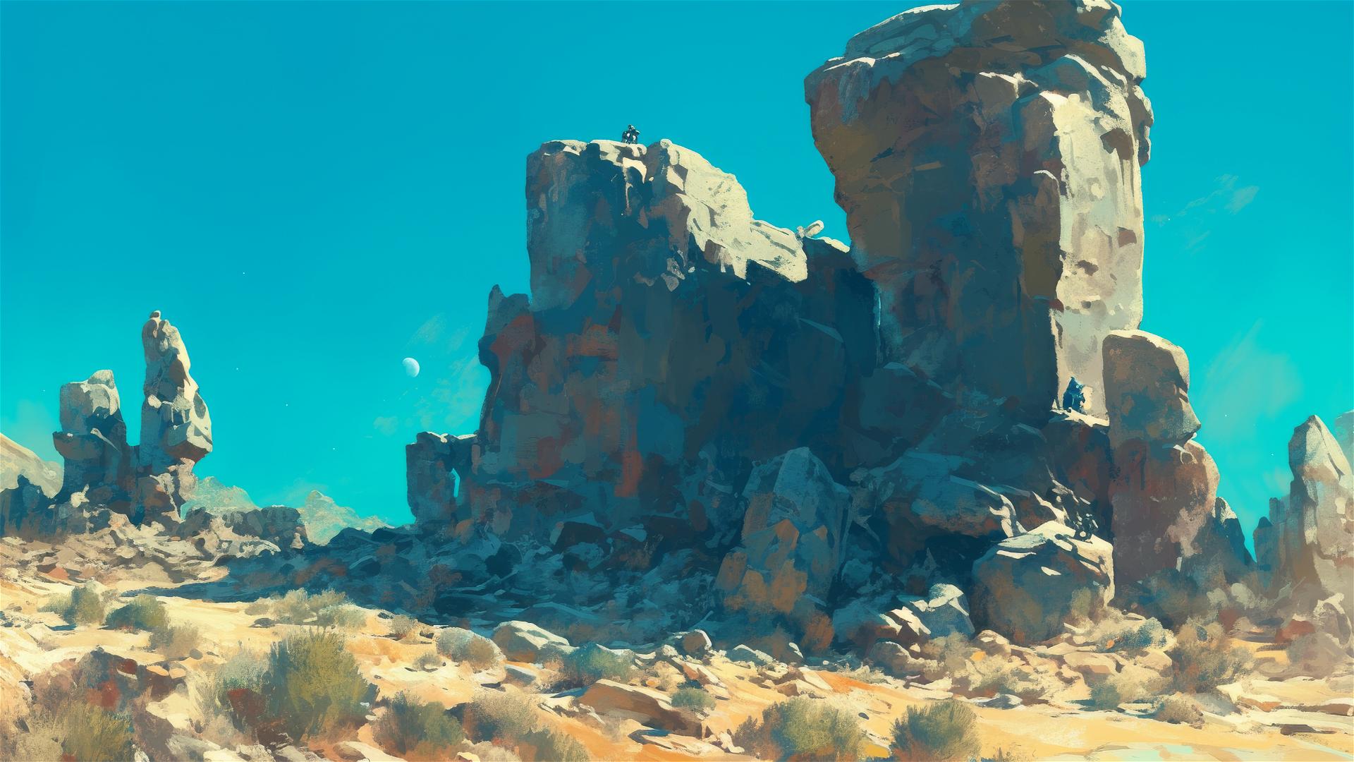 Moonlit rock formations in a high desert with shadows