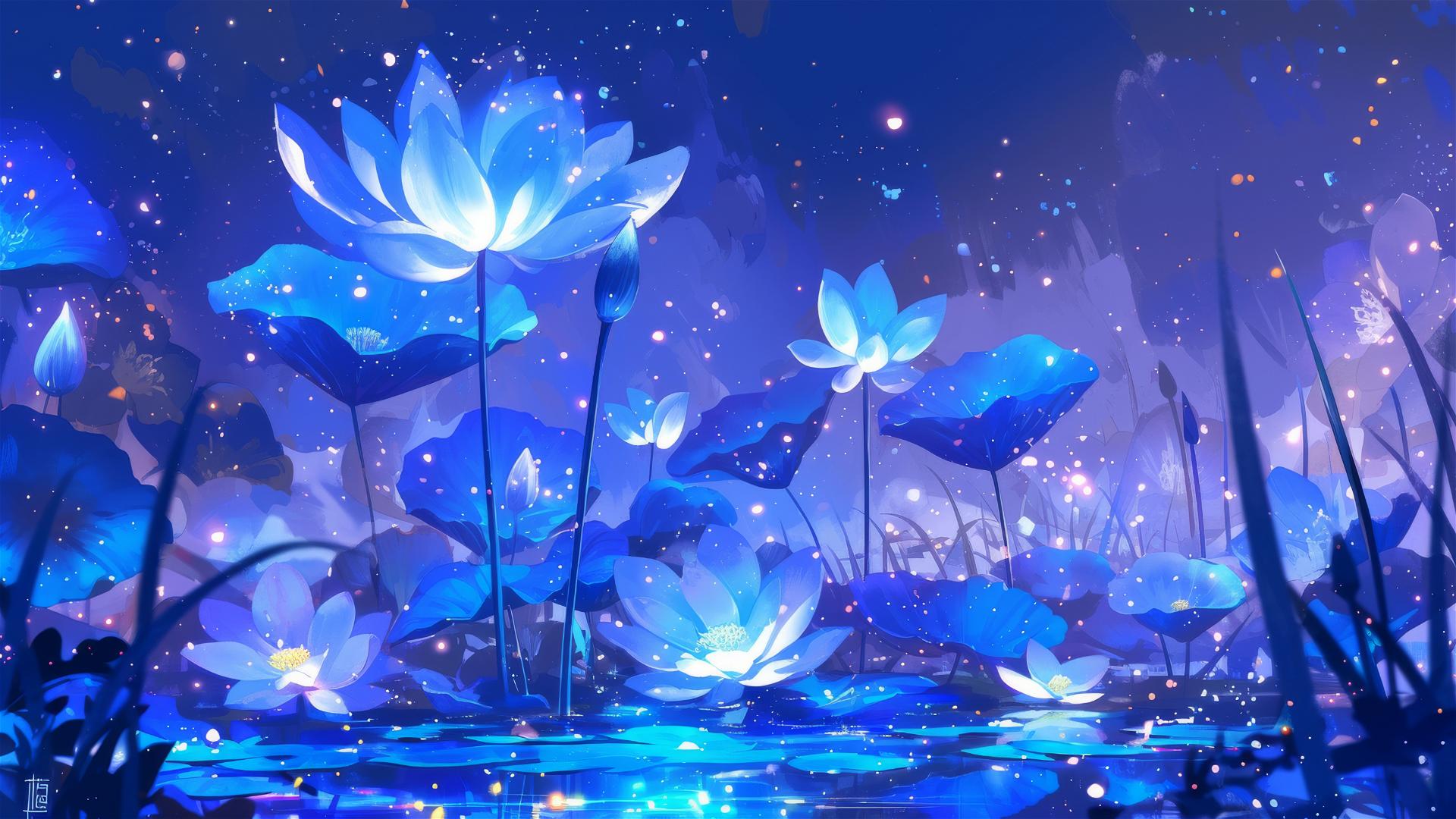 Luminescent flowers glowing under moonlight on a remote island at night