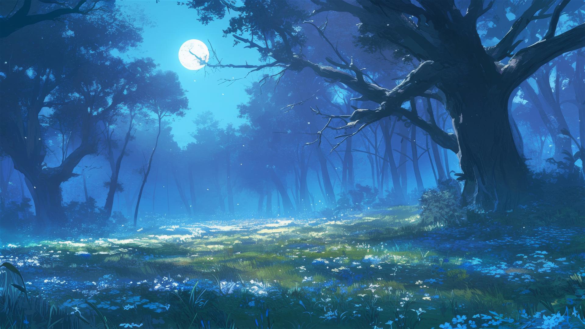 Illuminated Silverwood trees with sparkling bark under moonlight