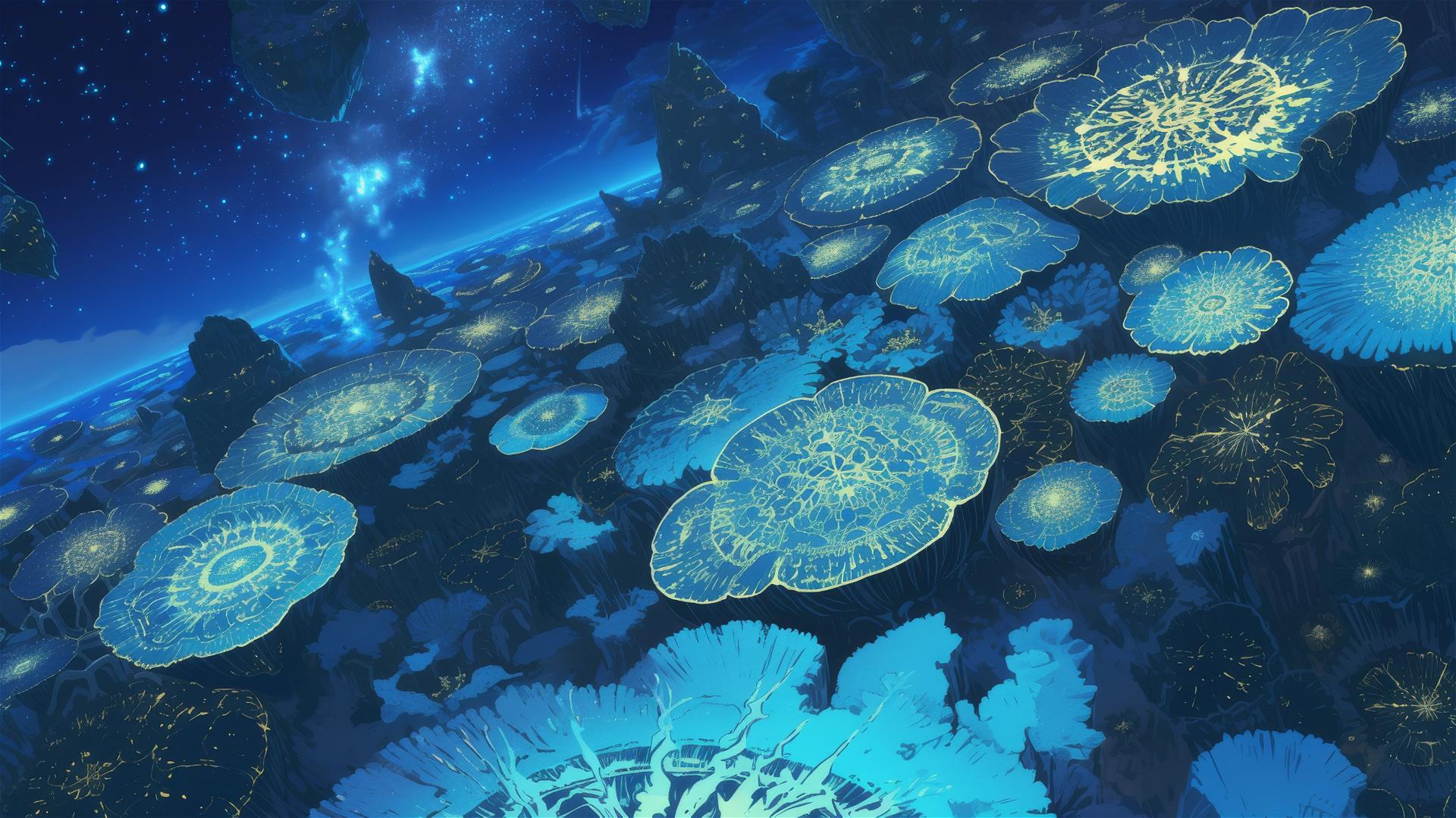 Coral formations shaped like constellations visible at night from above water