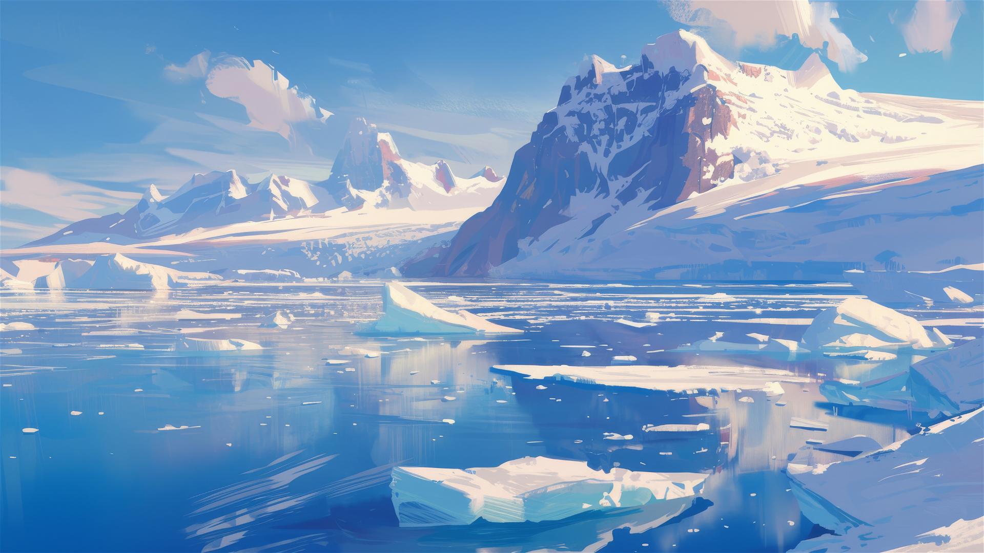 Glacial lagoon with icebergs under midnight sun