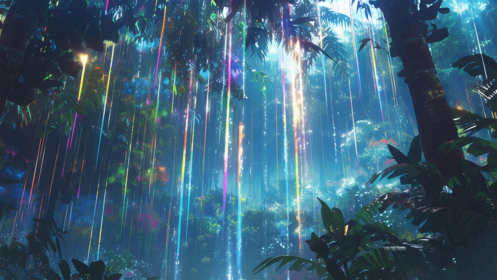 Holographic rain with 3D native flora and fauna images in the air