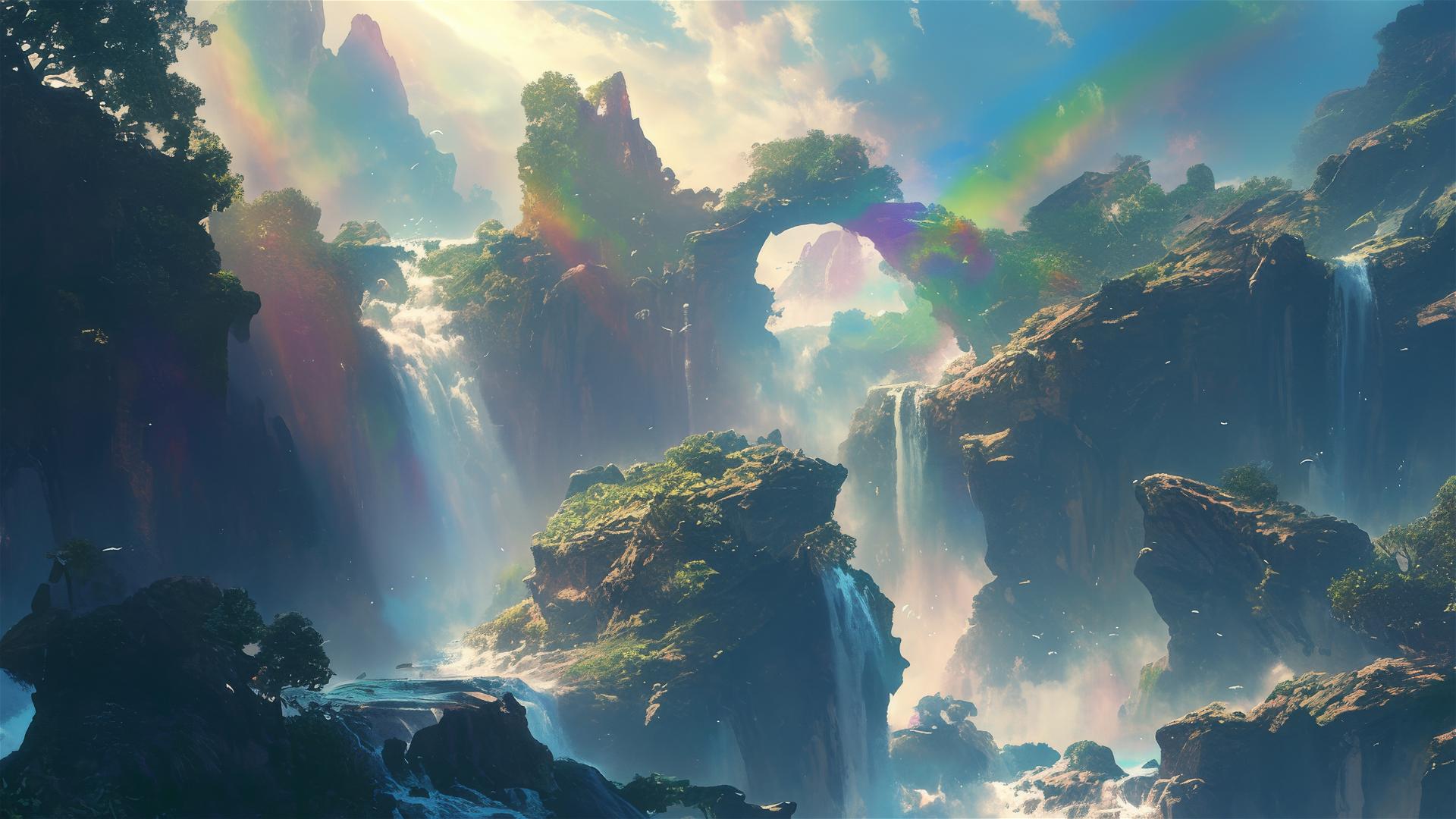 Rainbow waterfall mist with colorful flora