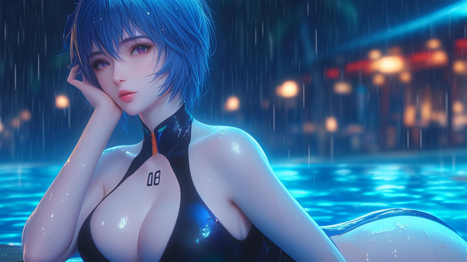 Rei Ayanami by rainy pool with moon light and black shirt