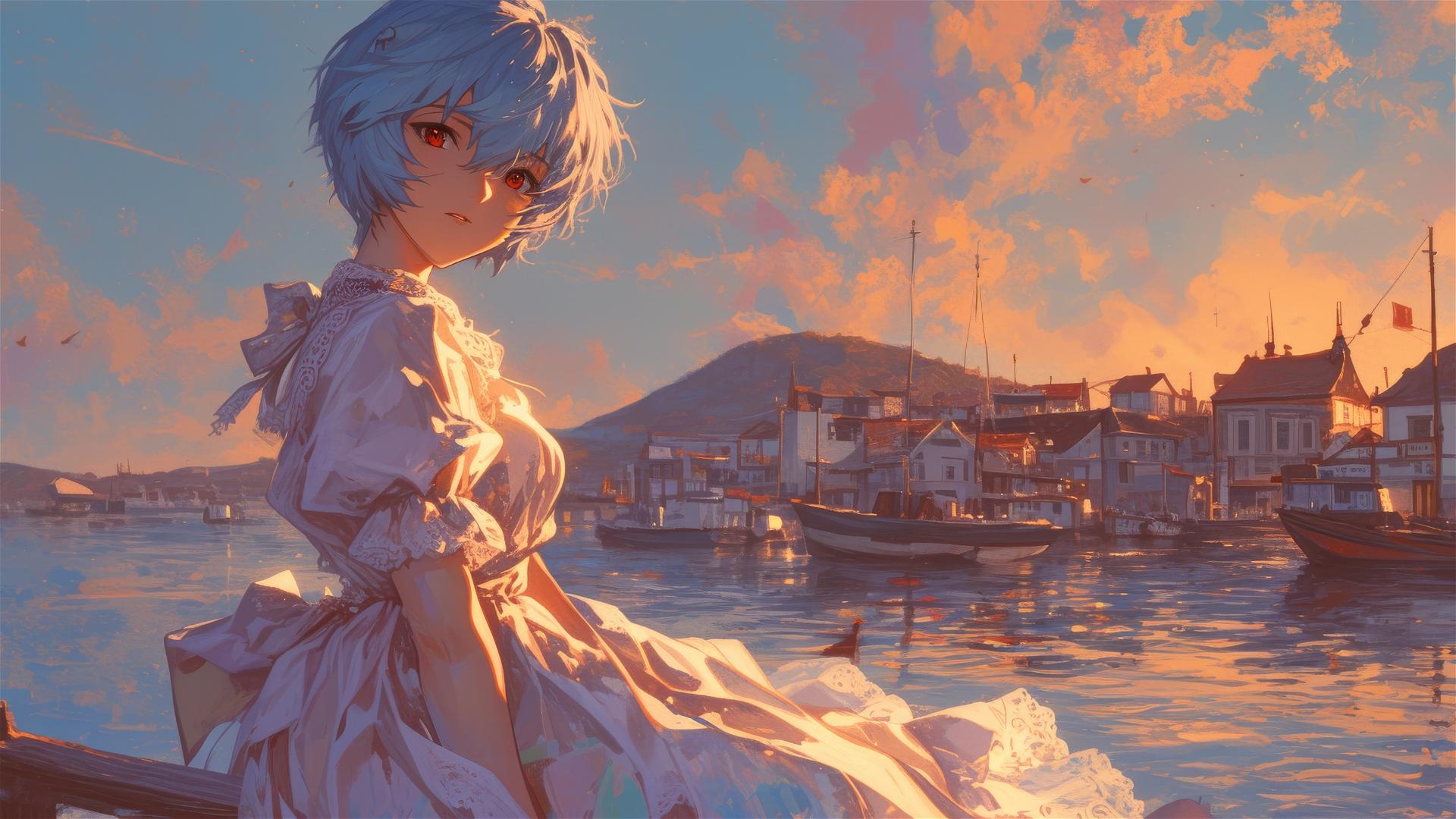 Rei Ayanami in lace dress at seaside village sunset