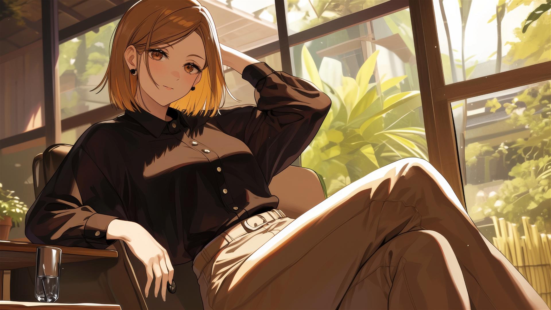 Nobara Kugisaki from Jujutsu Kaisen in a trendy urban outfit at a Japanese garden cafe