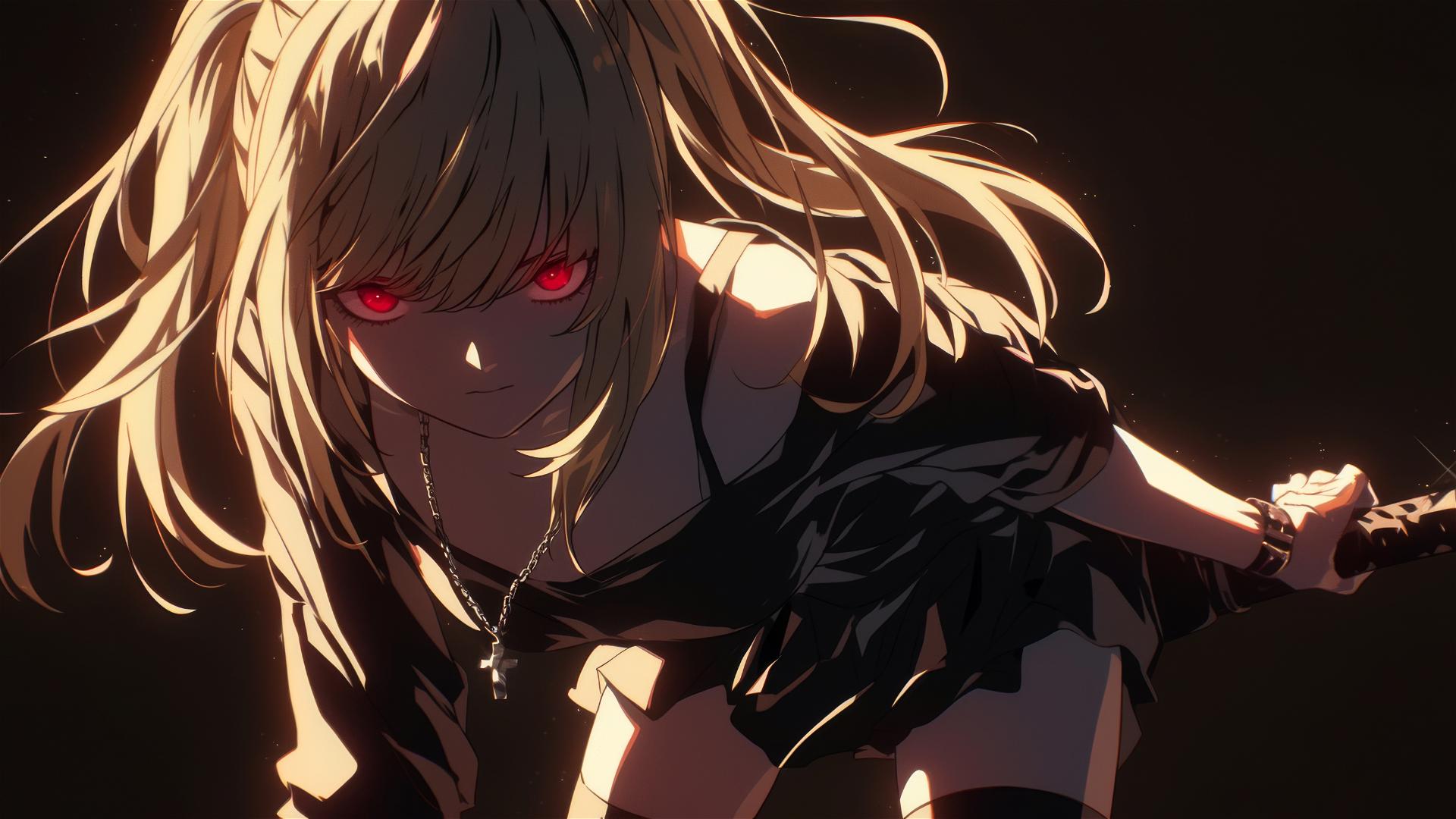 Misa Amane from Death Note with red eyes on dark background