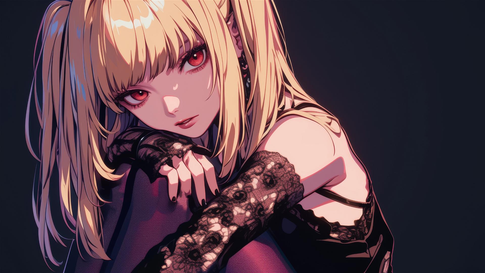 Misa Amane from Death Note with red eyes in a dynamic pose on a dark background