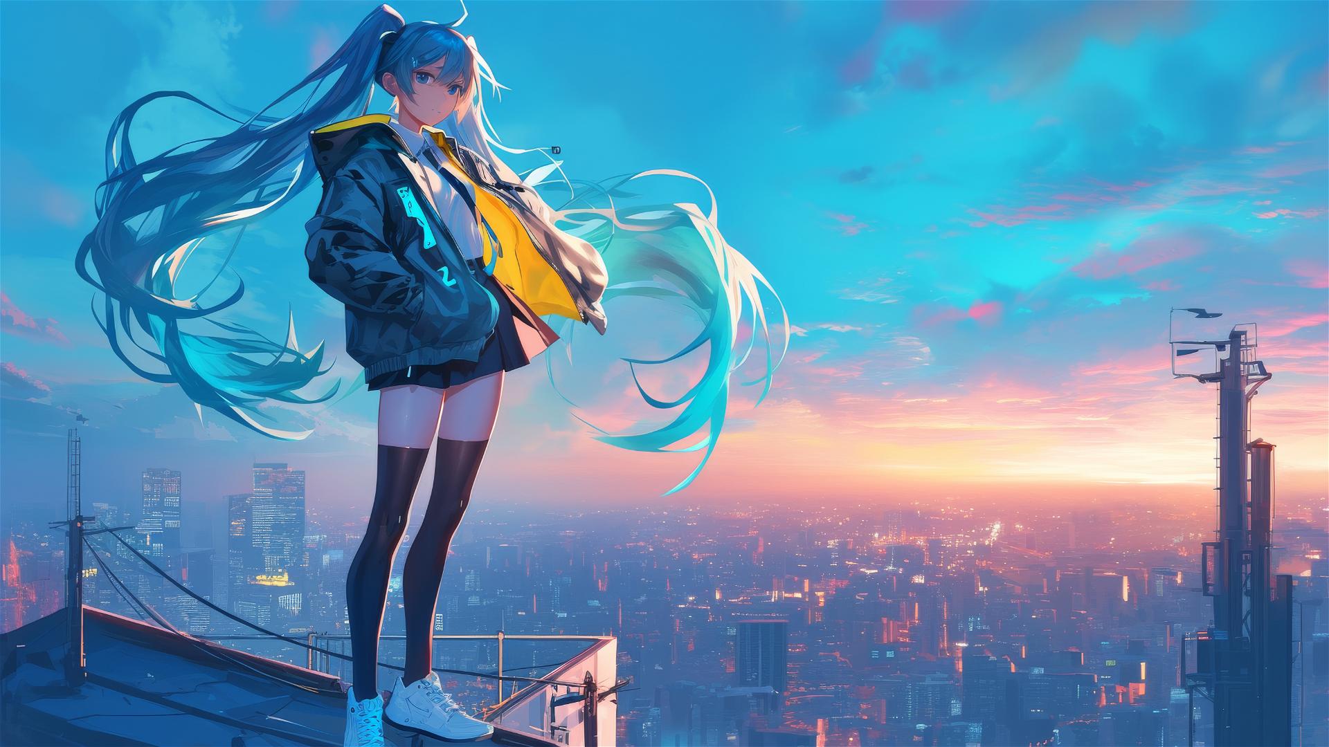 Hatsune Miku in neon cyberpunk attire on a city rooftop at dusk