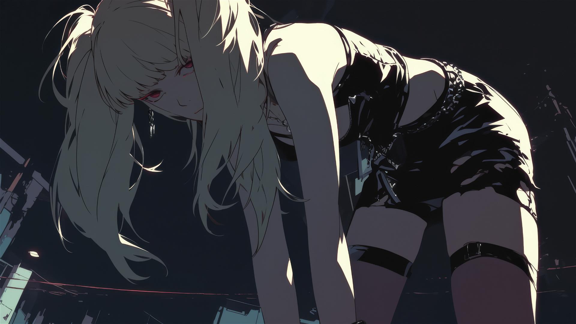 Isolated Misa Amane from Death Note on dark background in dynamic pose with highlighted thigh under spotlight effect