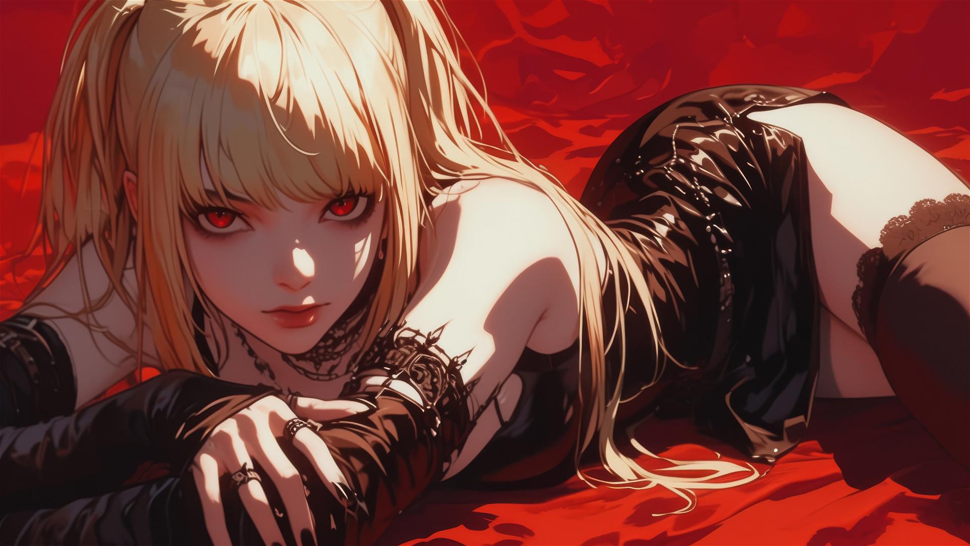 Misa Amane from Death Note with red eyes and spotlight on thigh in a dark setting