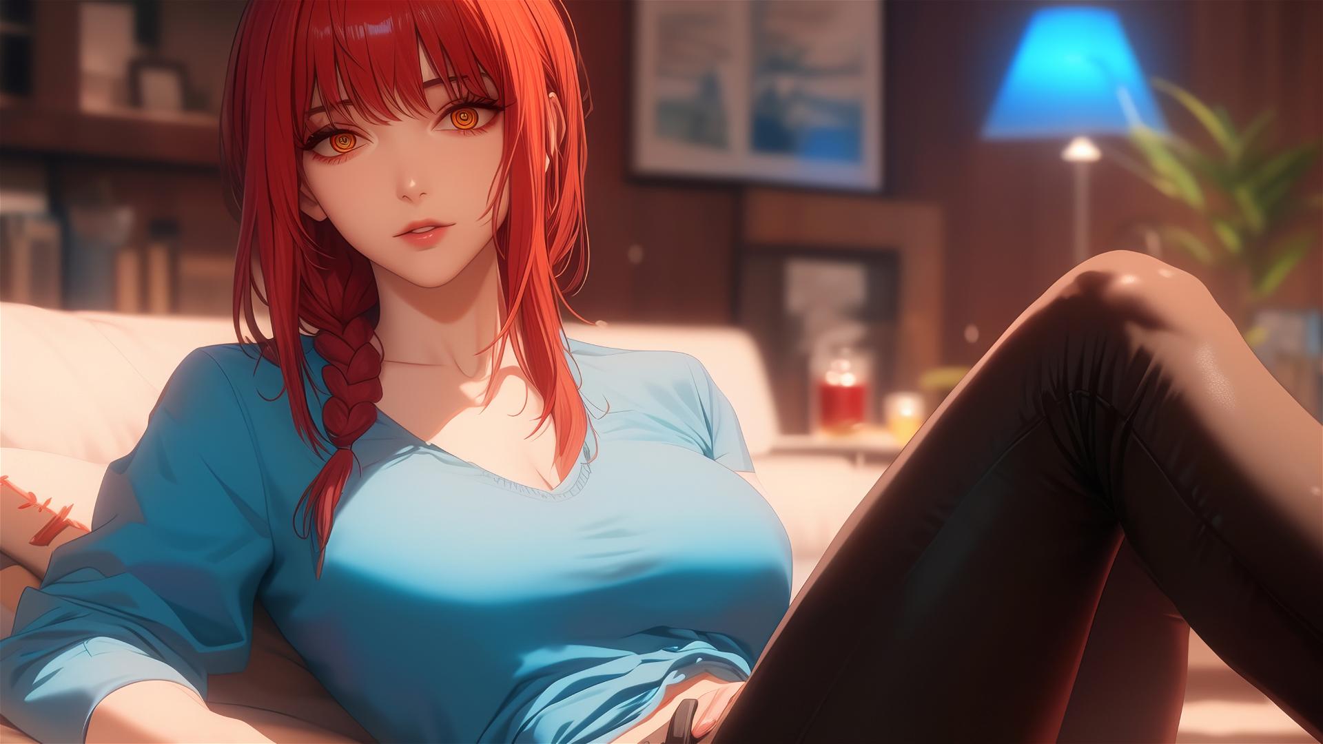 Makima from Chainsaw Man resting in room, close-up view of foot, red hair