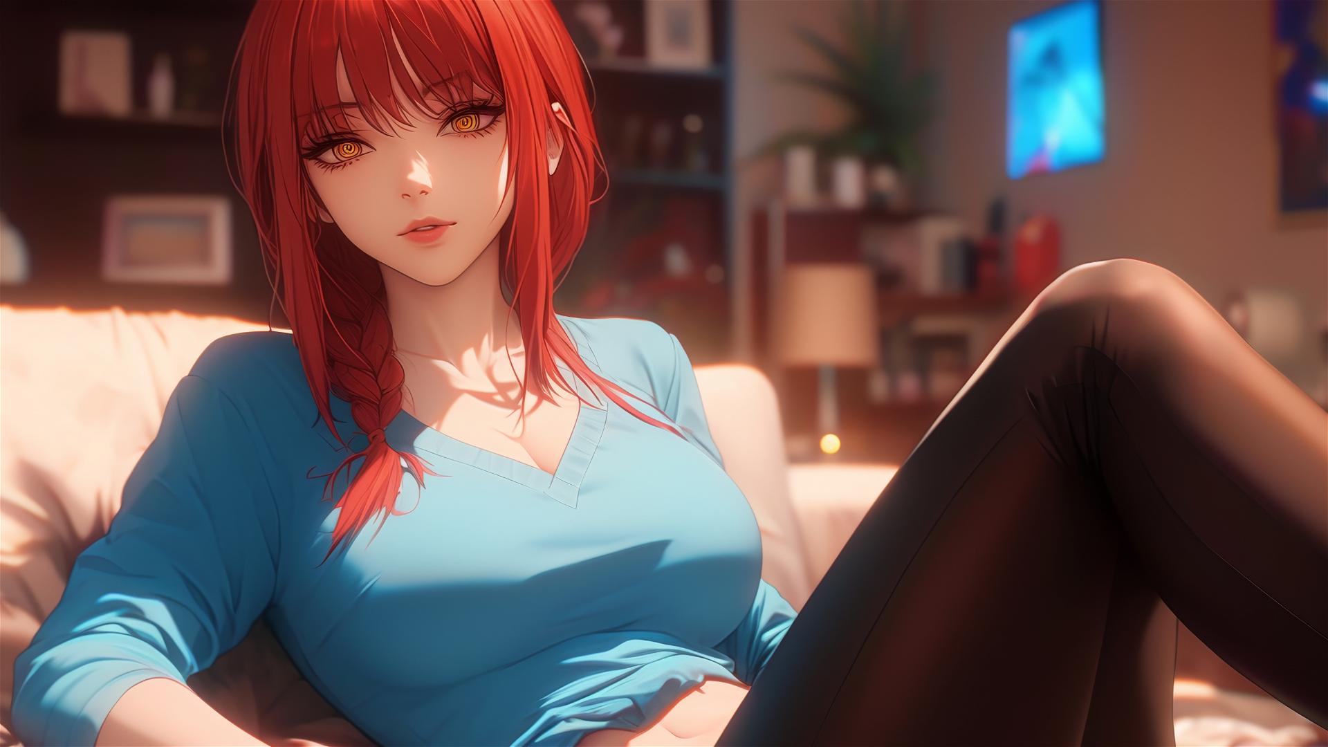 Close-up view of Makima from Chainsaw Man resting in room from ground perspective, highlighting her foot and red hair