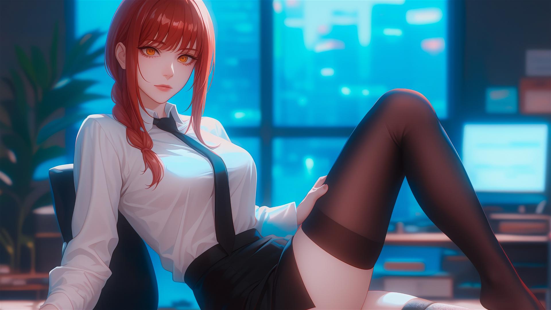 Makima from Chainsaw Man standing leisurely in office with focus on thighs and foot, redish hair apparent