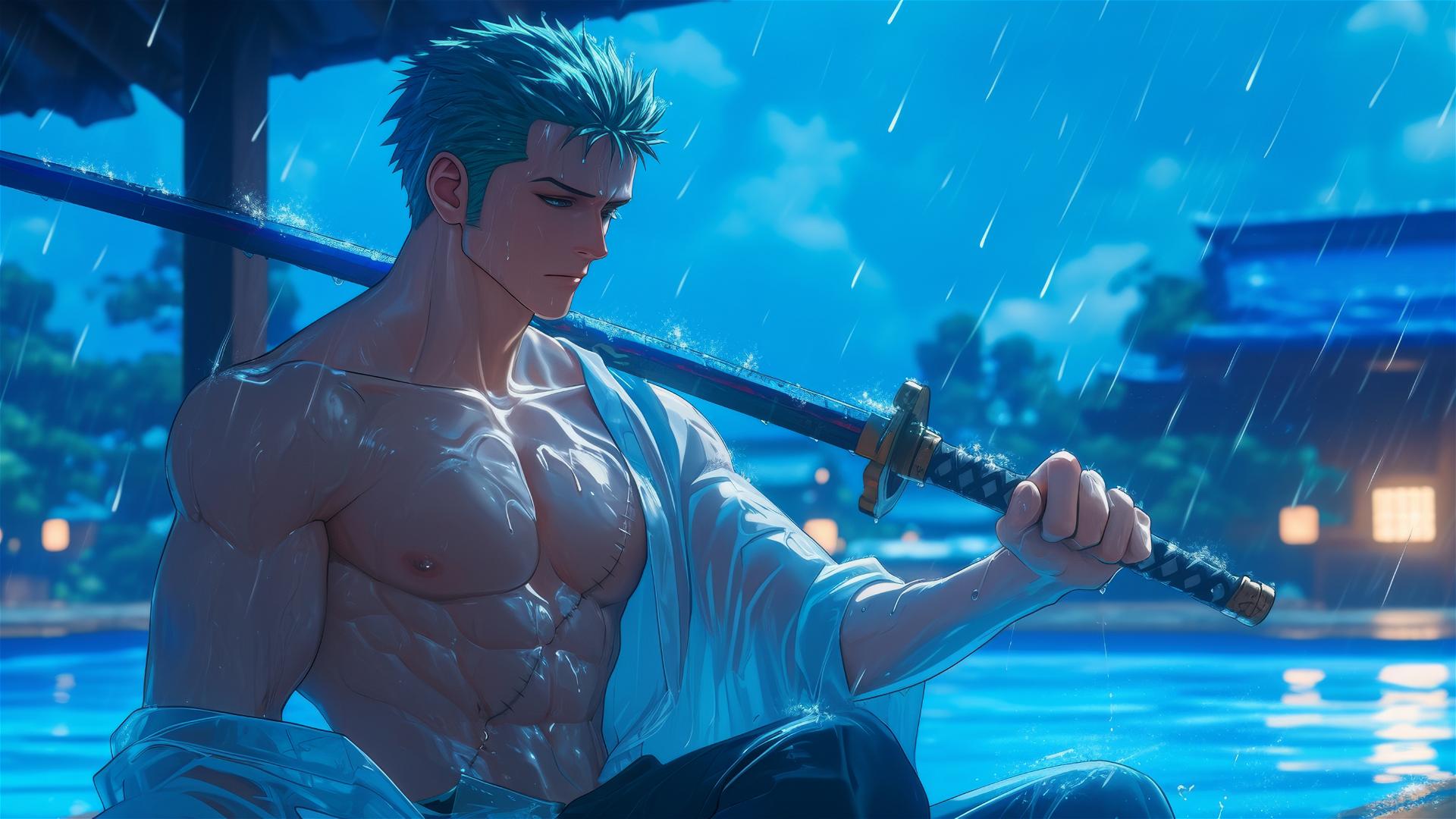 Roronoa Zoro from One Piece leisurely resting at a rainy swimming pool under moonlight