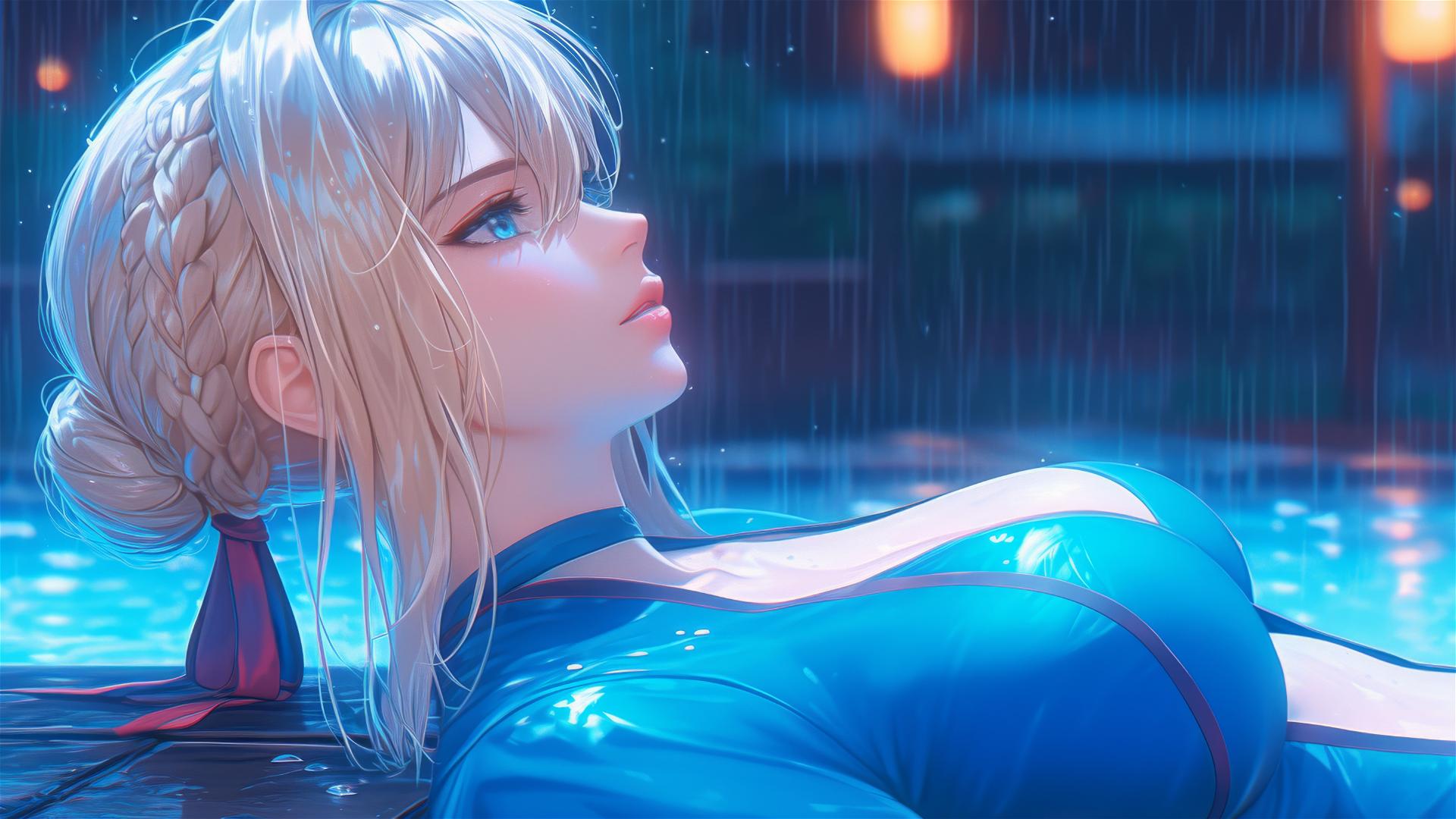 Violet Evergarden resting by a rainy pool under soft moonlight