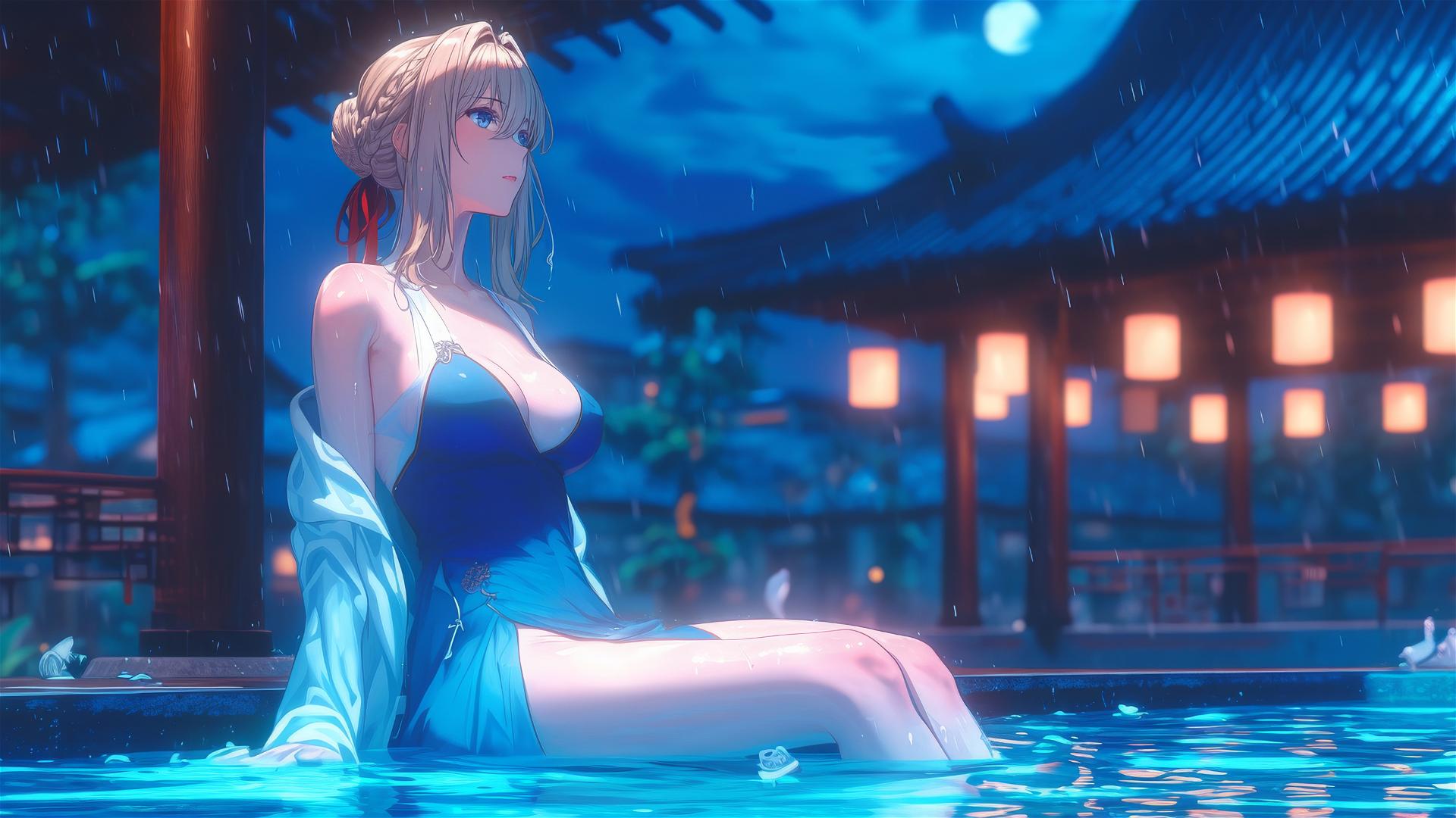 Violet Evergarden resting by a rainy swimming pool with moonlight casting a soft glow