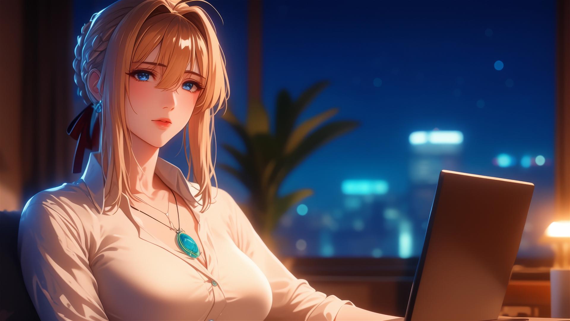 Violet Evergarden resting in moonlit apartment